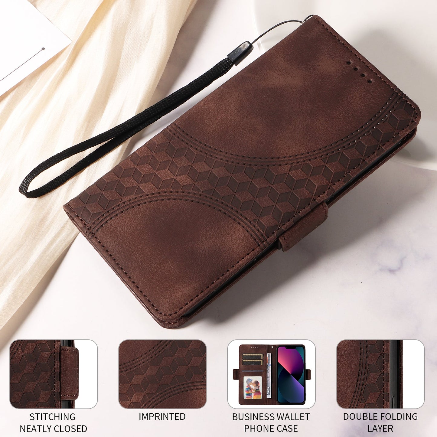 For Samsung Galaxy F16 5G / Galaxy M16 5G Leather Cases Wallet Rhombus Imprinted Phone Cover Stand with Strap - Brown