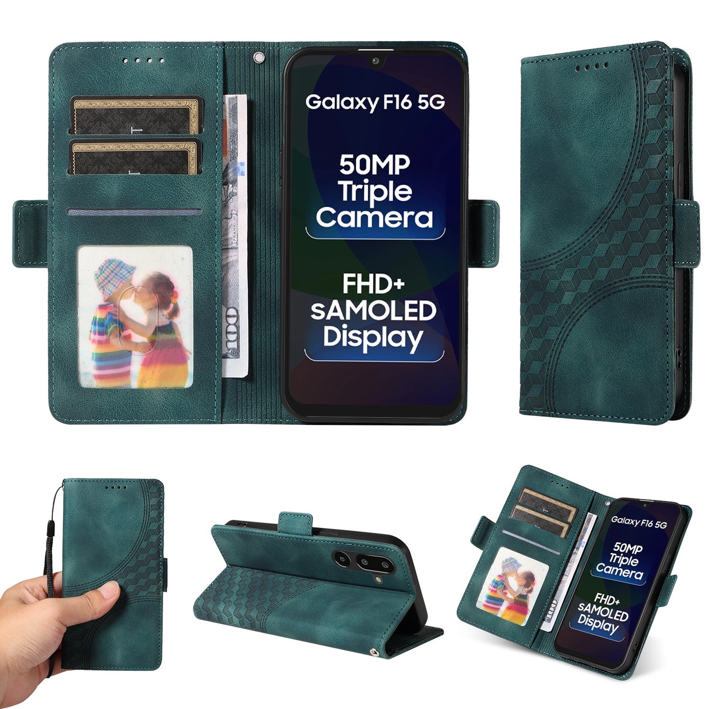 For Samsung Galaxy F16 5G / Galaxy M16 5G Leather Cases Wallet Rhombus Imprinted Phone Cover Stand with Strap - Green