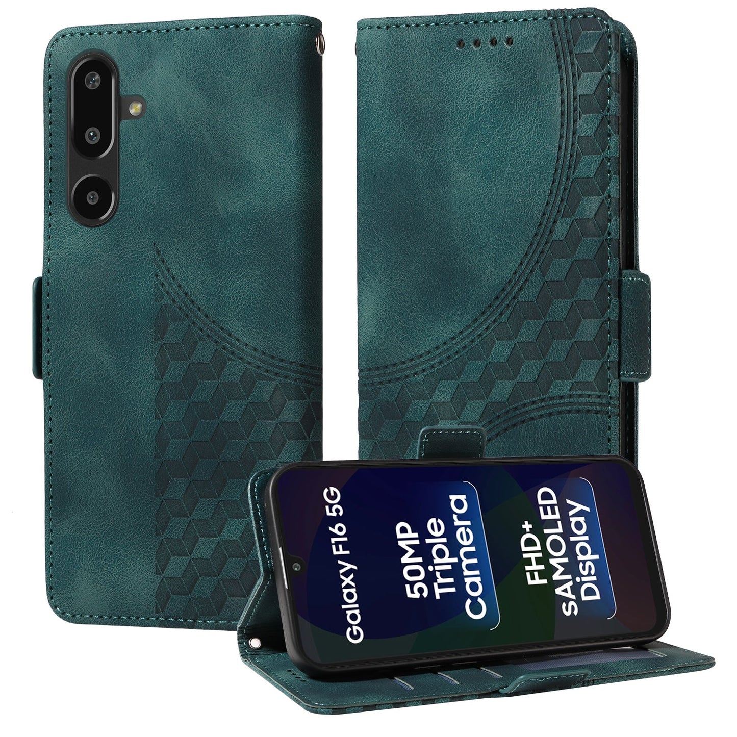 For Samsung Galaxy F16 5G / Galaxy M16 5G Leather Cases Wallet Rhombus Imprinted Phone Cover Stand with Strap - Green