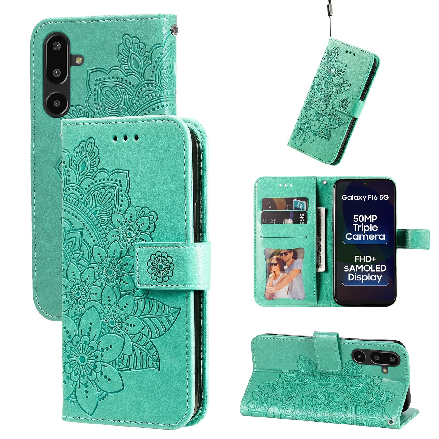 For Samsung Galaxy F16 5G / Galaxy M16 5G Case Floral Pattern PU Leather Wallet Stand Phone Cover - Green