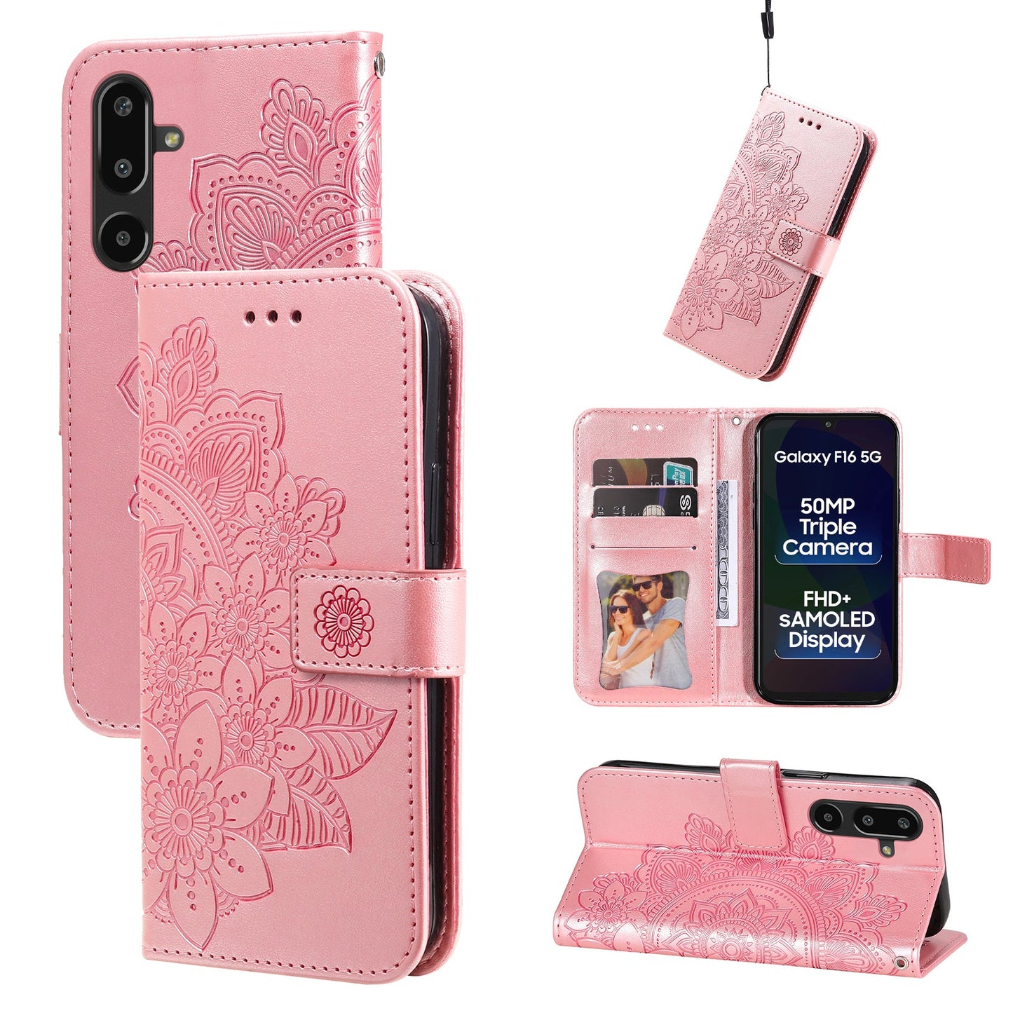 For Samsung Galaxy F16 5G / Galaxy M16 5G Case Floral Pattern PU Leather Wallet Stand Phone Cover - Pink