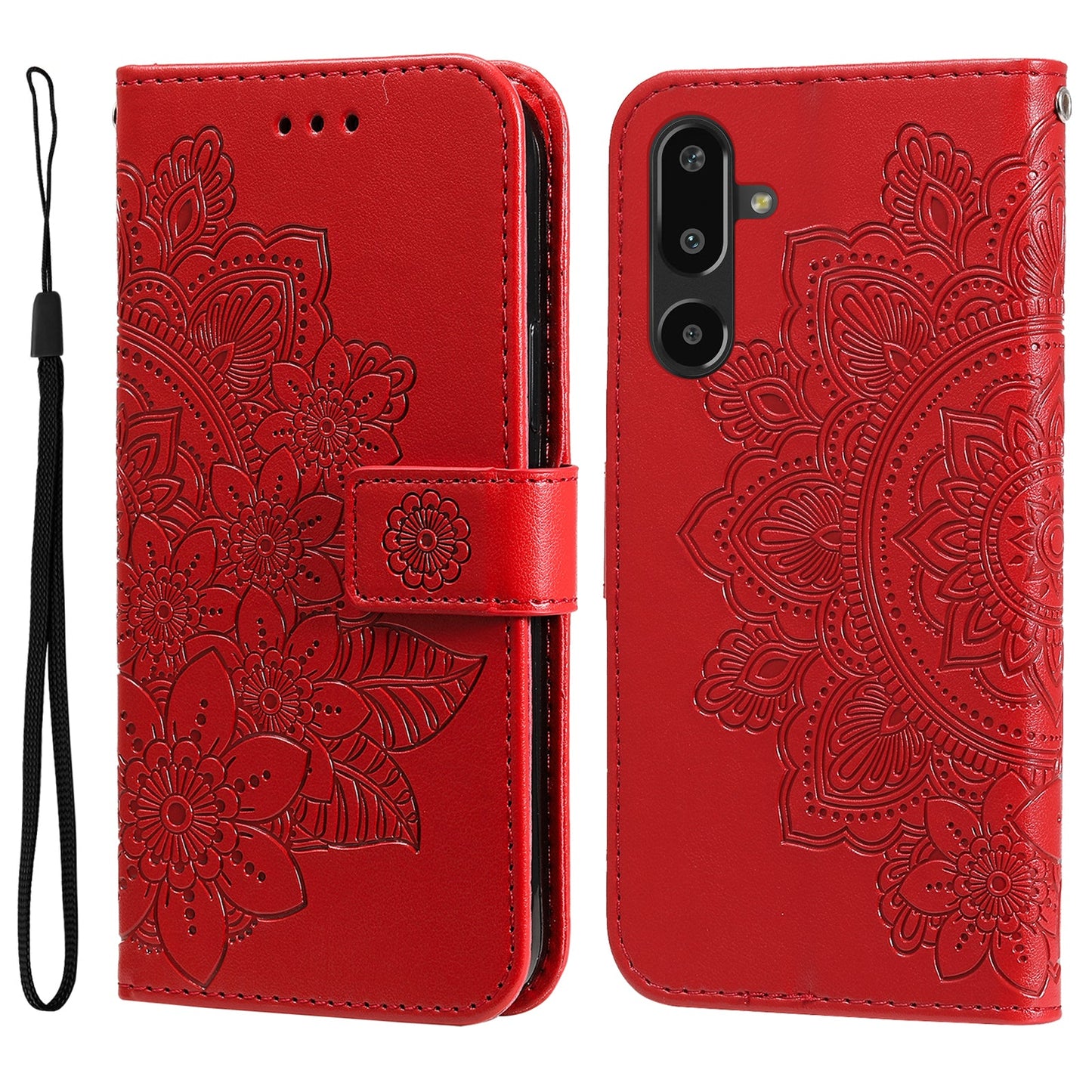 For Samsung Galaxy F16 5G / Galaxy M16 5G Case Floral Pattern PU Leather Wallet Stand Phone Cover - Red