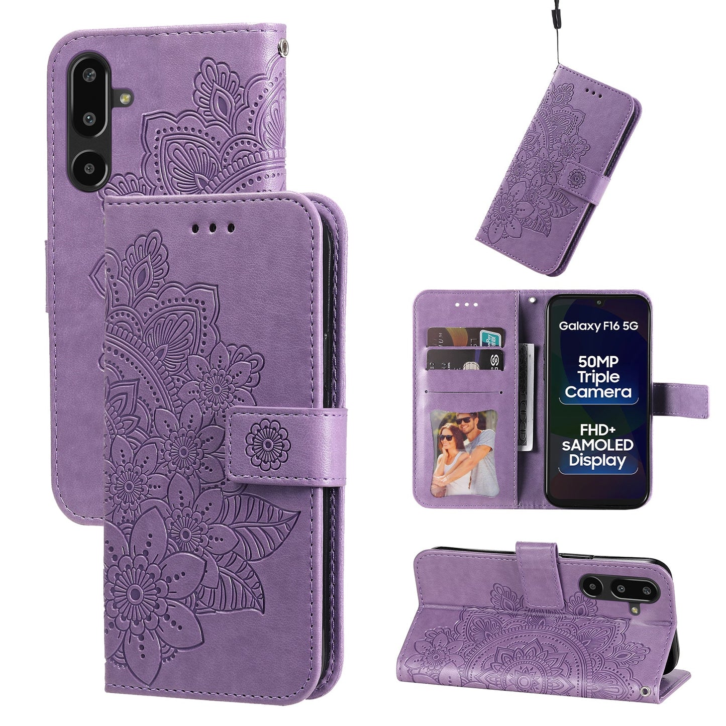 For Samsung Galaxy F16 5G / Galaxy M16 5G Case Floral Pattern PU Leather Wallet Stand Phone Cover - Purple