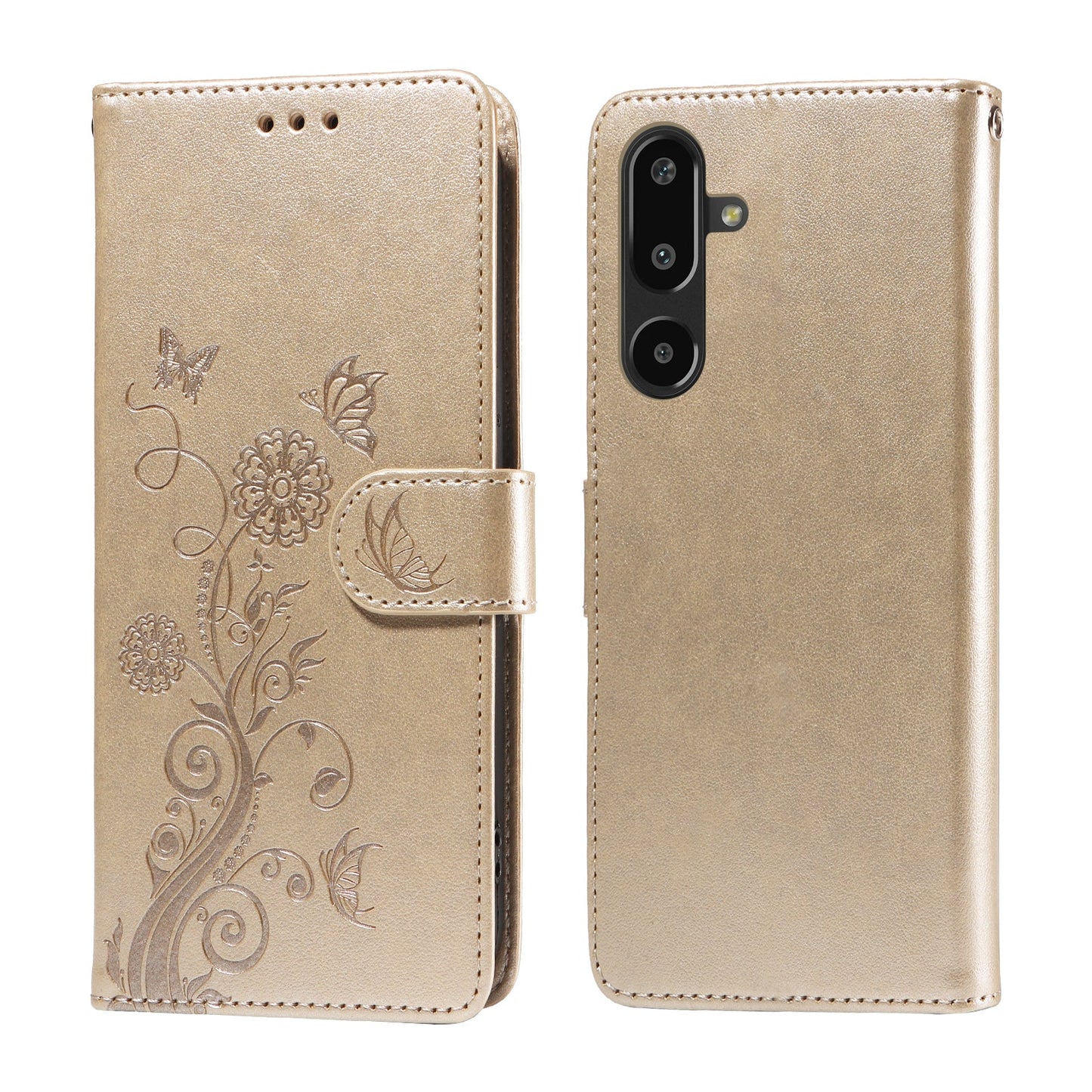 For Samsung Galaxy F16 5G / Galaxy M16 5G Leather Case Butterfly Floral Imprint Wallet Stand Cover - Golden