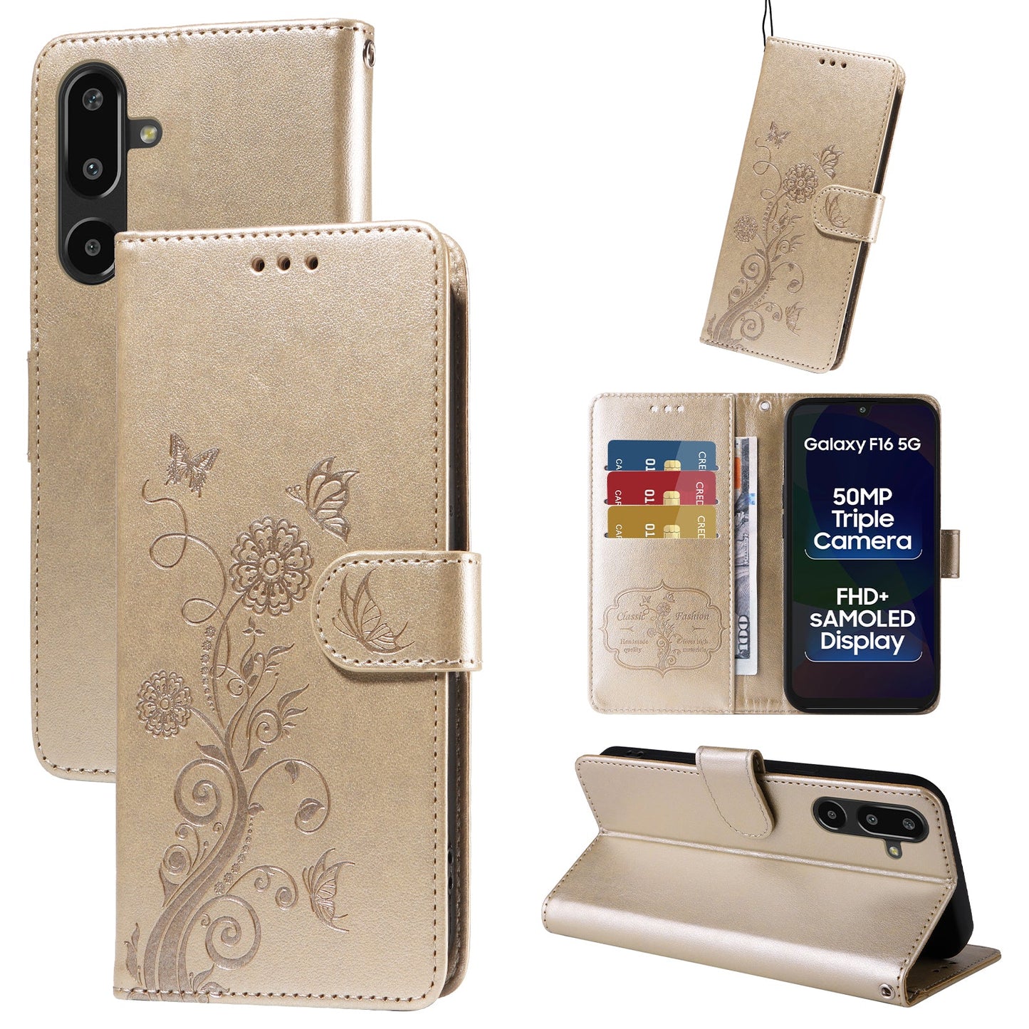 For Samsung Galaxy F16 5G / Galaxy M16 5G Leather Case Butterfly Floral Imprint Wallet Stand Cover - Golden