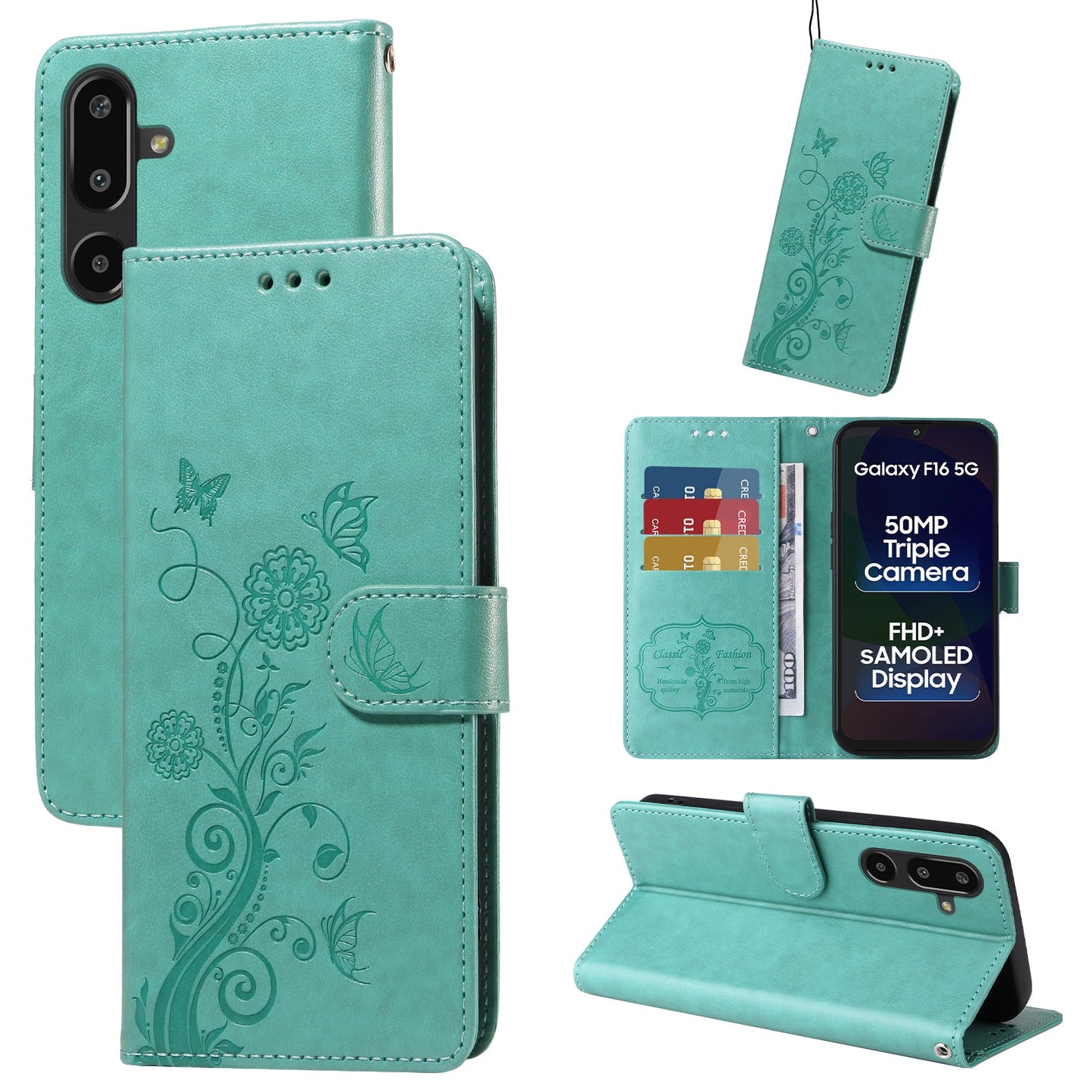 For Samsung Galaxy F16 5G / Galaxy M16 5G Leather Case Butterfly Floral Imprint Wallet Stand Cover - Green