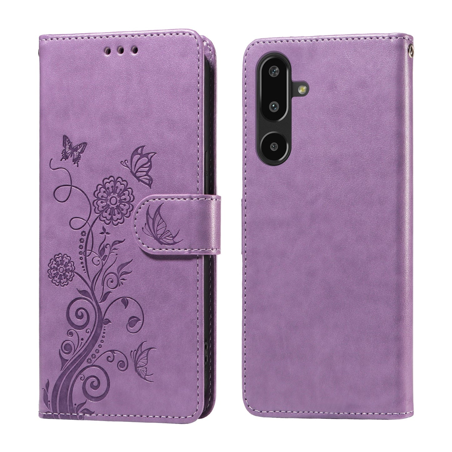 For Samsung Galaxy F16 5G / Galaxy M16 5G Leather Case Butterfly Floral Imprint Wallet Stand Cover - Purple