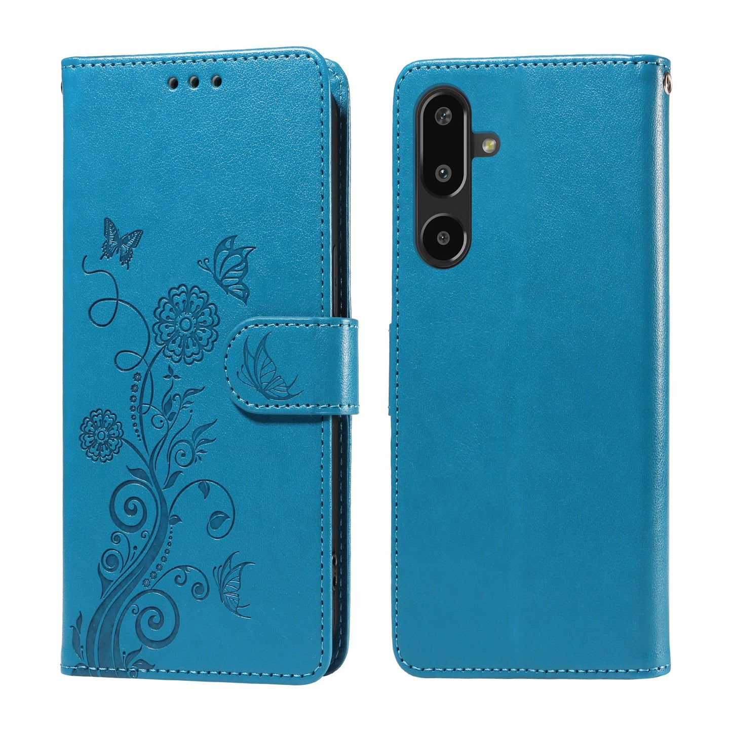 For Samsung Galaxy F16 5G / Galaxy M16 5G Leather Case Butterfly Floral Imprint Wallet Stand Cover - Blue