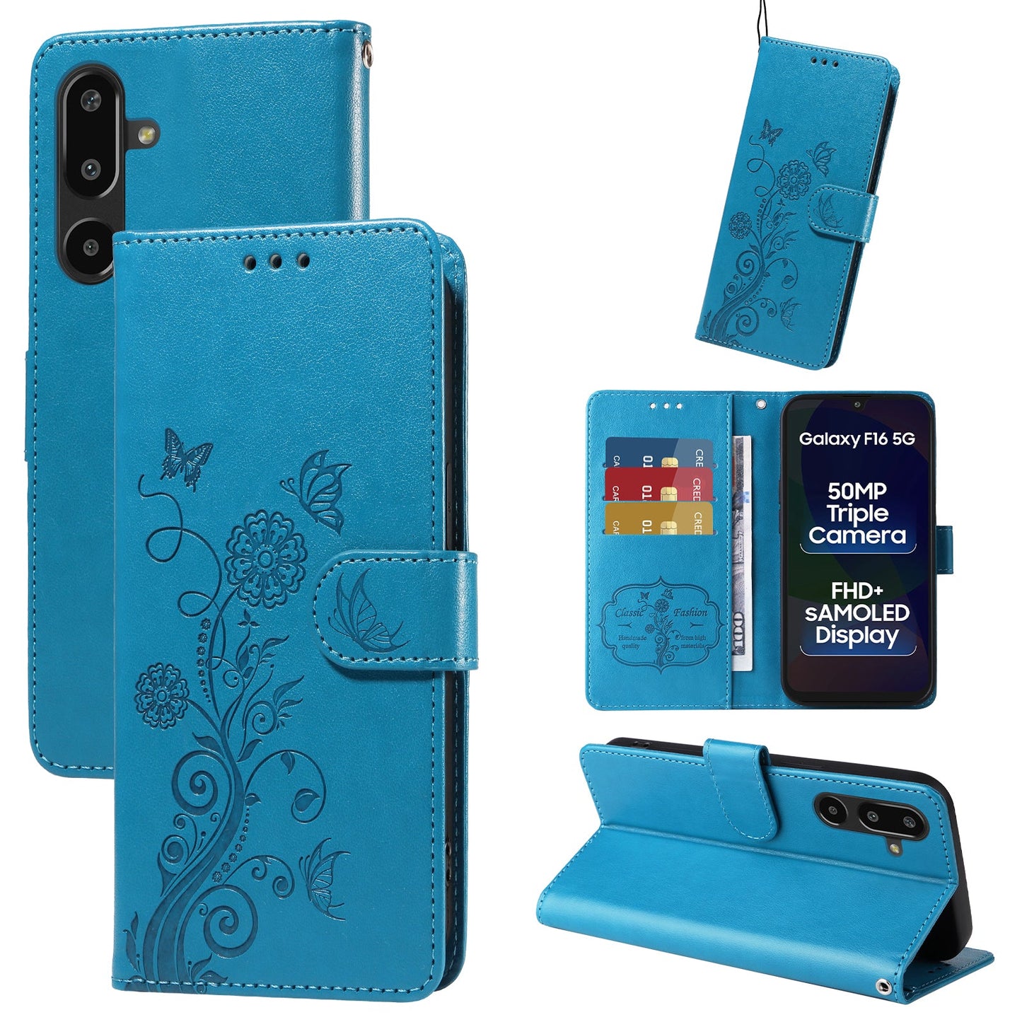 For Samsung Galaxy F16 5G / Galaxy M16 5G Leather Case Butterfly Floral Imprint Wallet Stand Cover - Blue