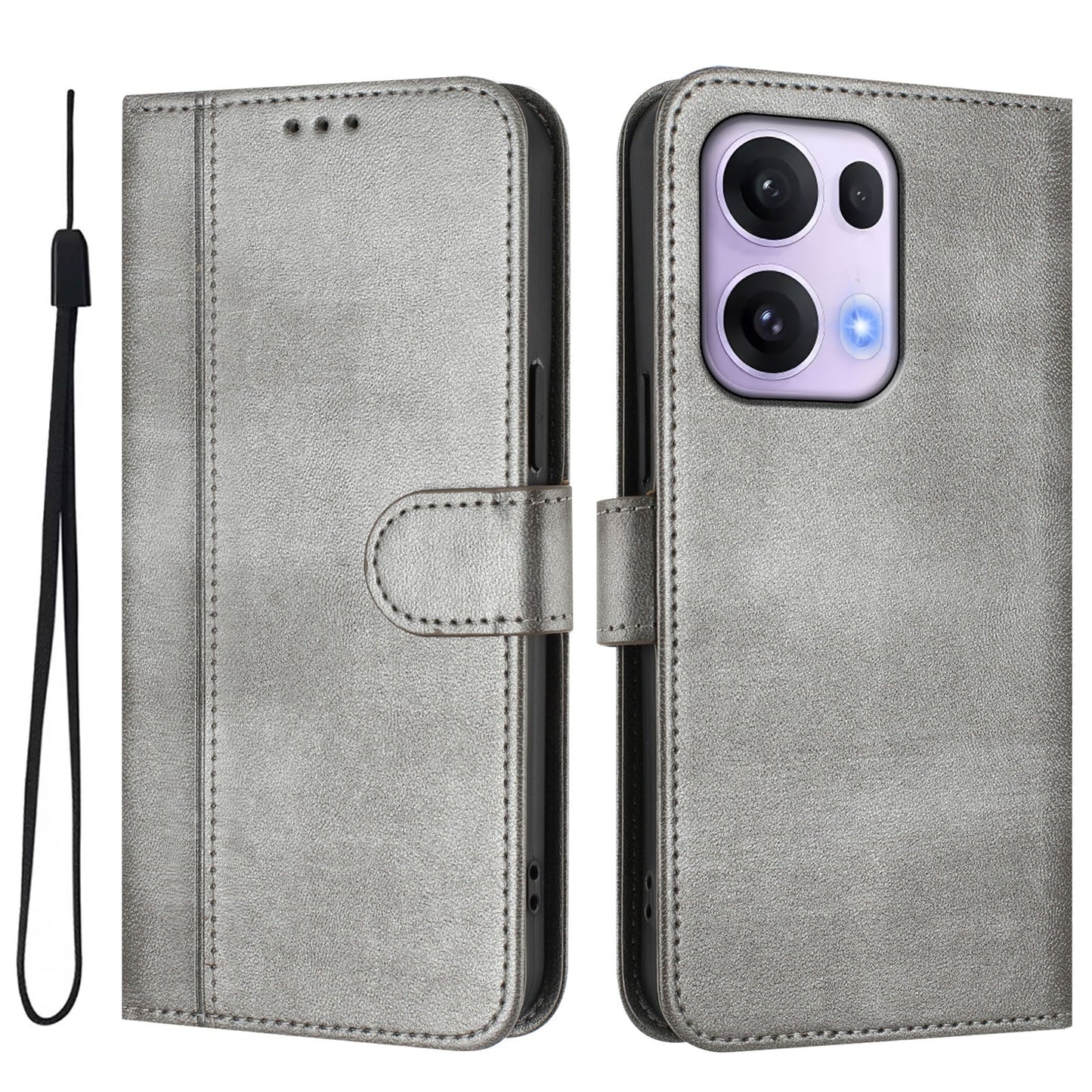 For Oppo Reno13 Pro 5G Cases Wallet Stand Retro Texture Leather Phone Cover with Lanyard - Grey