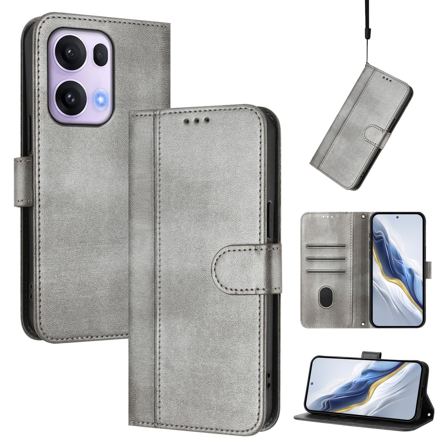 For Oppo Reno13 Pro 5G Cases Wallet Stand Retro Texture Leather Phone Cover with Lanyard - Grey