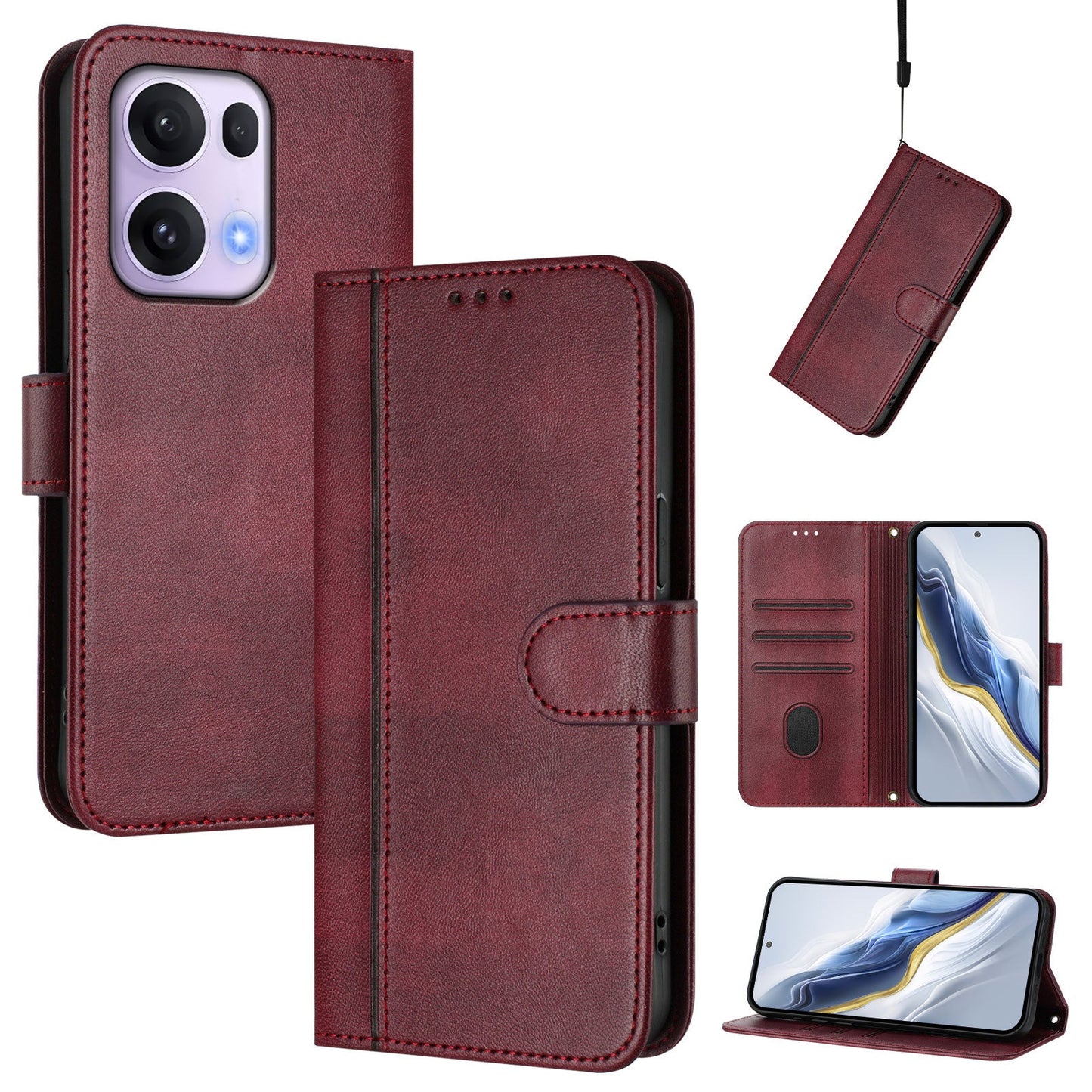 For Oppo Reno13 Pro 5G Cases Wallet Stand Retro Texture Leather Phone Cover with Lanyard - Wine Red