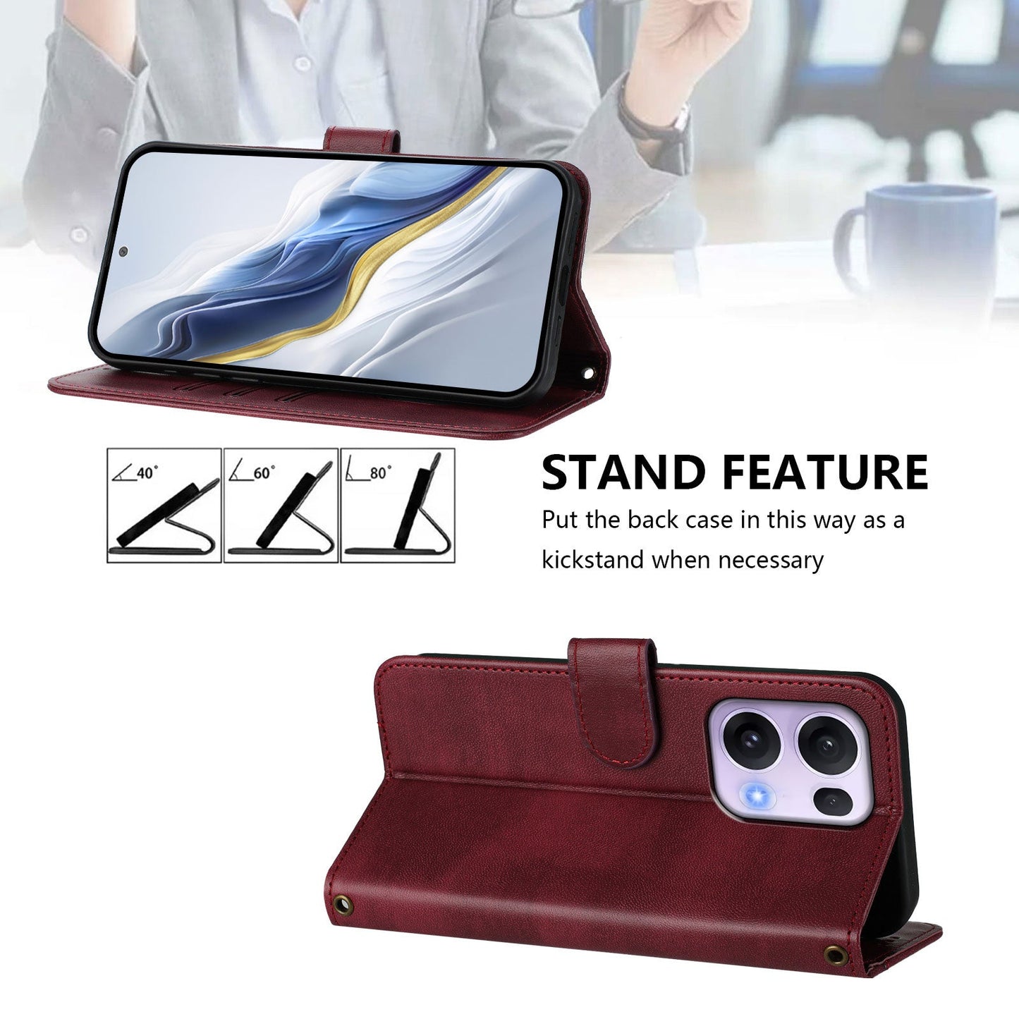 For Oppo Reno13 Pro 5G Cases Wallet Stand Retro Texture Leather Phone Cover with Lanyard - Wine Red