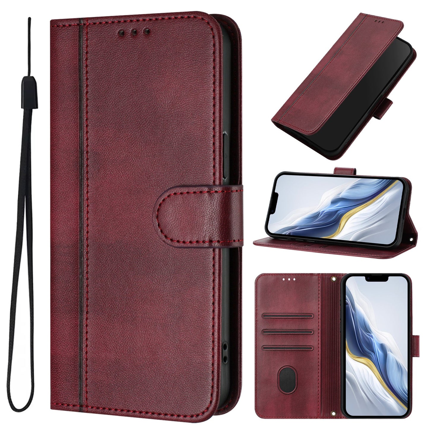 For Oppo Reno13 Pro 5G Cases Wallet Stand Retro Texture Leather Phone Cover with Lanyard - Wine Red