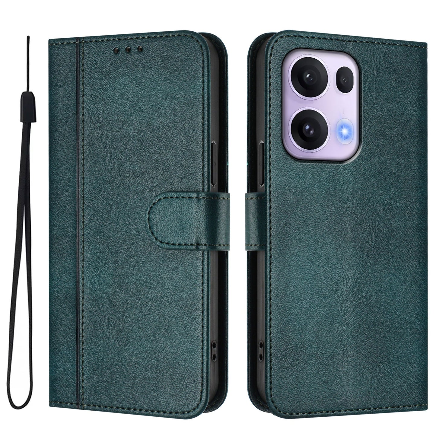 For Oppo Reno13 Pro 5G Cases Wallet Stand Retro Texture Leather Phone Cover with Lanyard - Dark Green