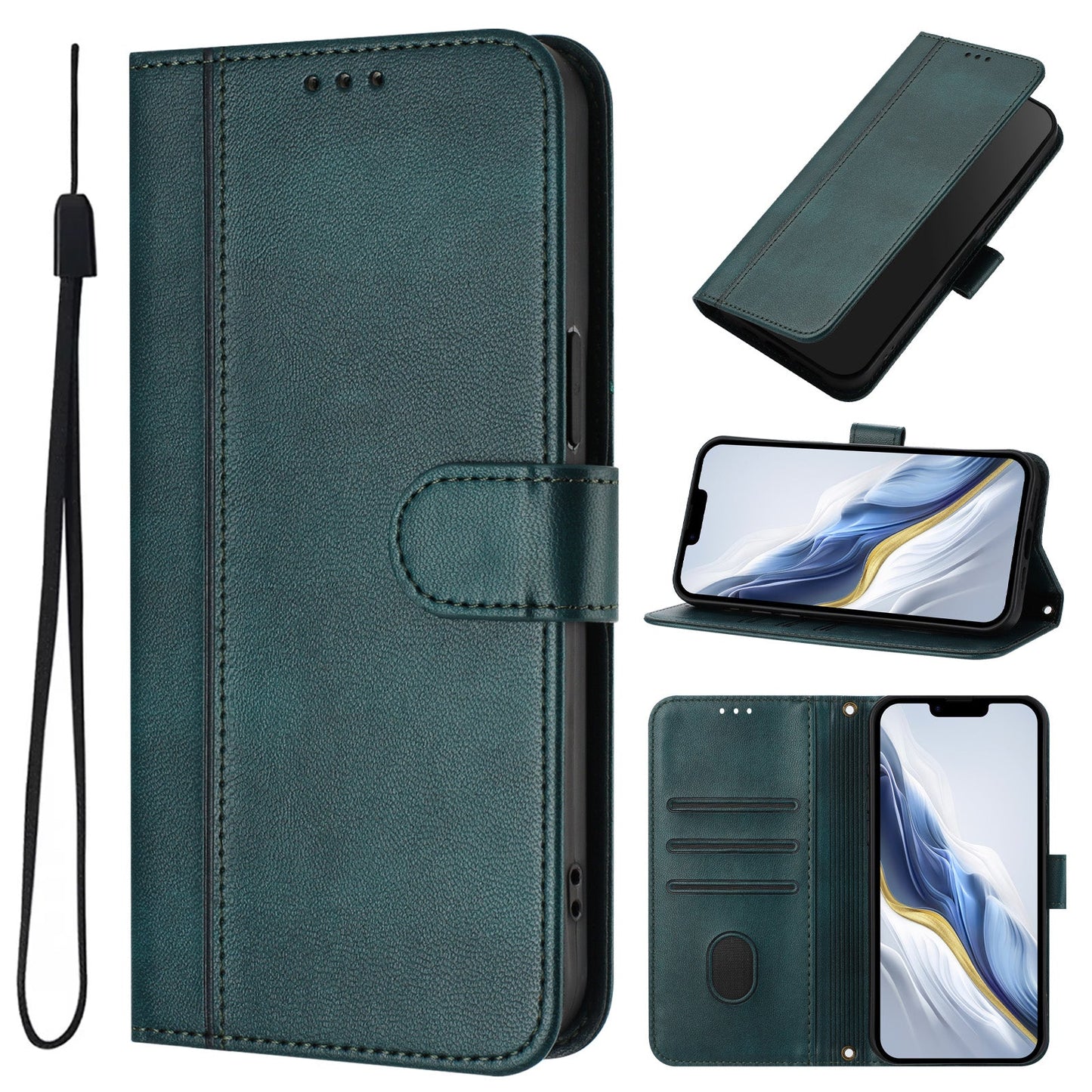 For Oppo Reno13 Pro 5G Cases Wallet Stand Retro Texture Leather Phone Cover with Lanyard - Dark Green