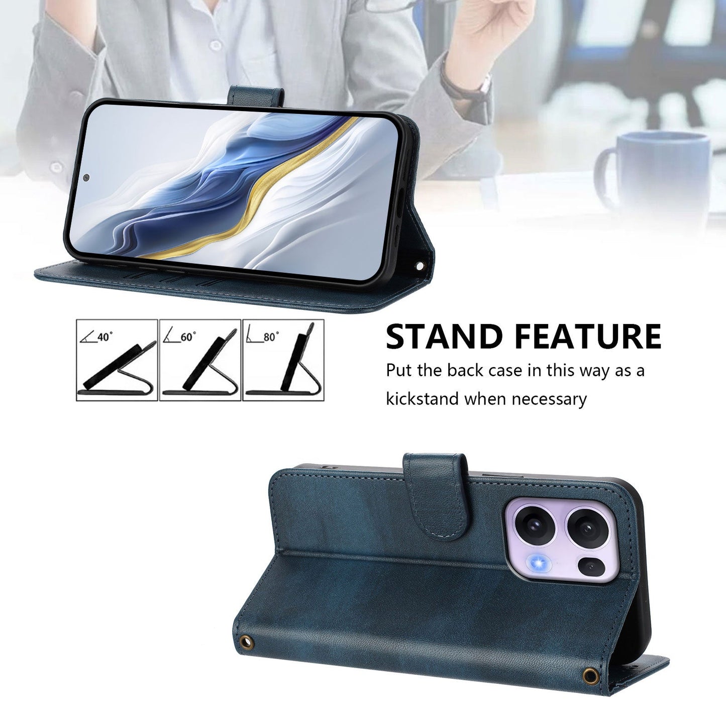 For Oppo Reno13 Pro 5G Cases Wallet Stand Retro Texture Leather Phone Cover with Lanyard - Blue