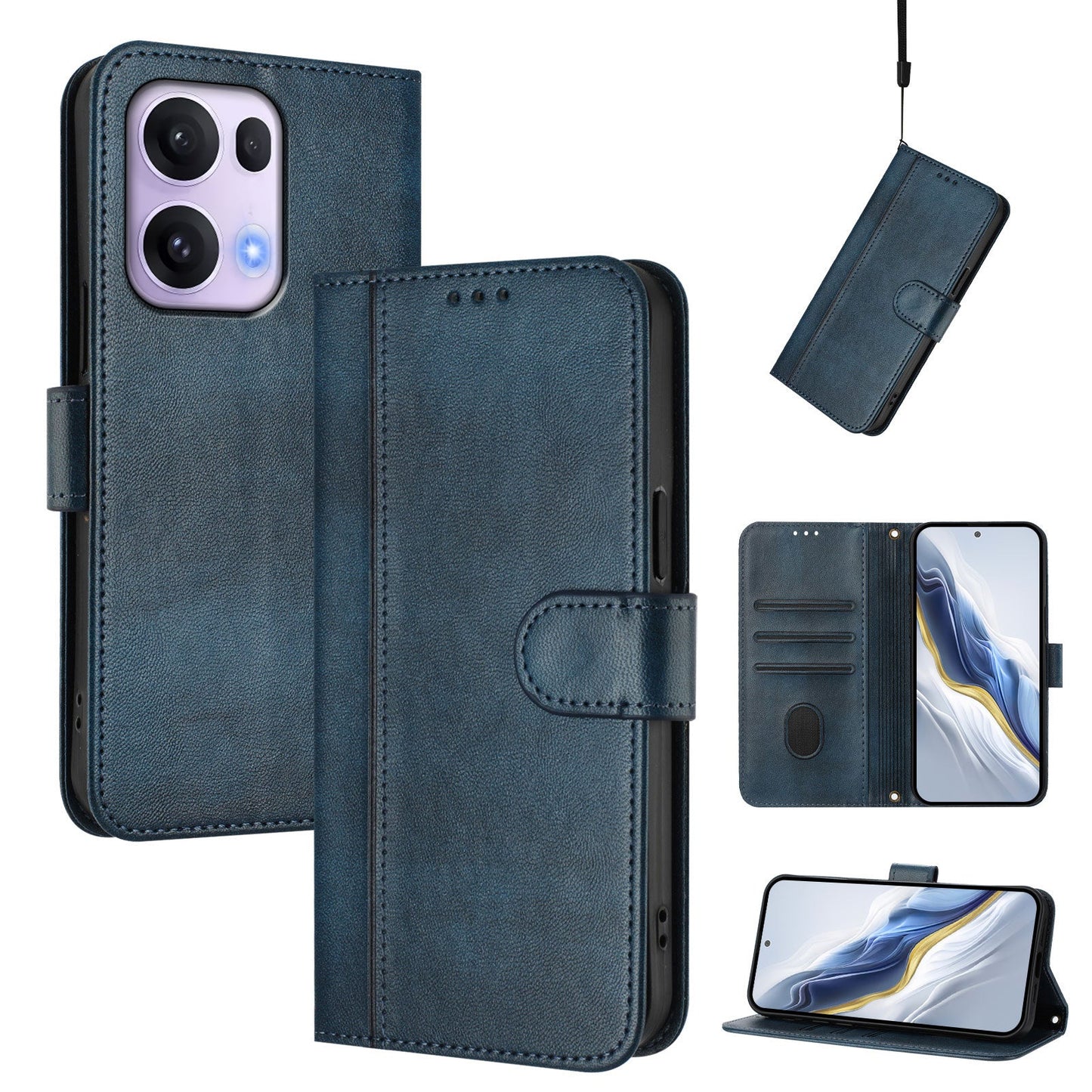 For Oppo Reno13 Pro 5G Cases Wallet Stand Retro Texture Leather Phone Cover with Lanyard - Blue