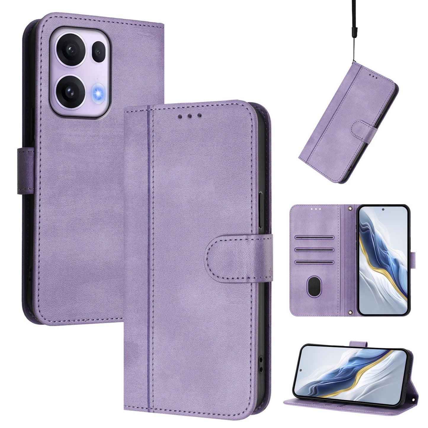 For Oppo Reno13 Pro 5G Cases Wallet Stand Retro Texture Leather Phone Cover with Lanyard - Light Purple