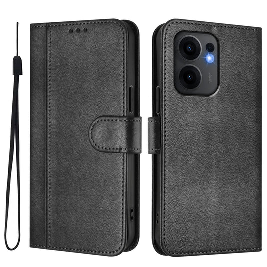 For Oppo Reno13 F 5G Cases Wallet Stand Retro Texture Leather Phone Cover with Lanyard - Black