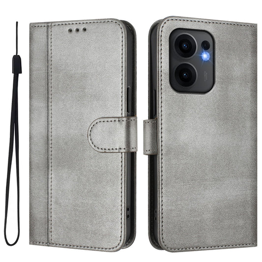 For Oppo Reno13 F 5G Cases Wallet Stand Retro Texture Leather Phone Cover with Lanyard - Grey