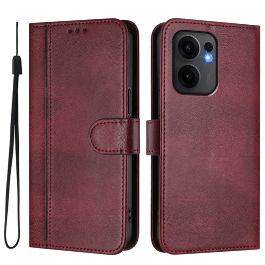 For Oppo Reno13 F 5G Cases Wallet Stand Retro Texture Leather Phone Cover with Lanyard - Wine Red