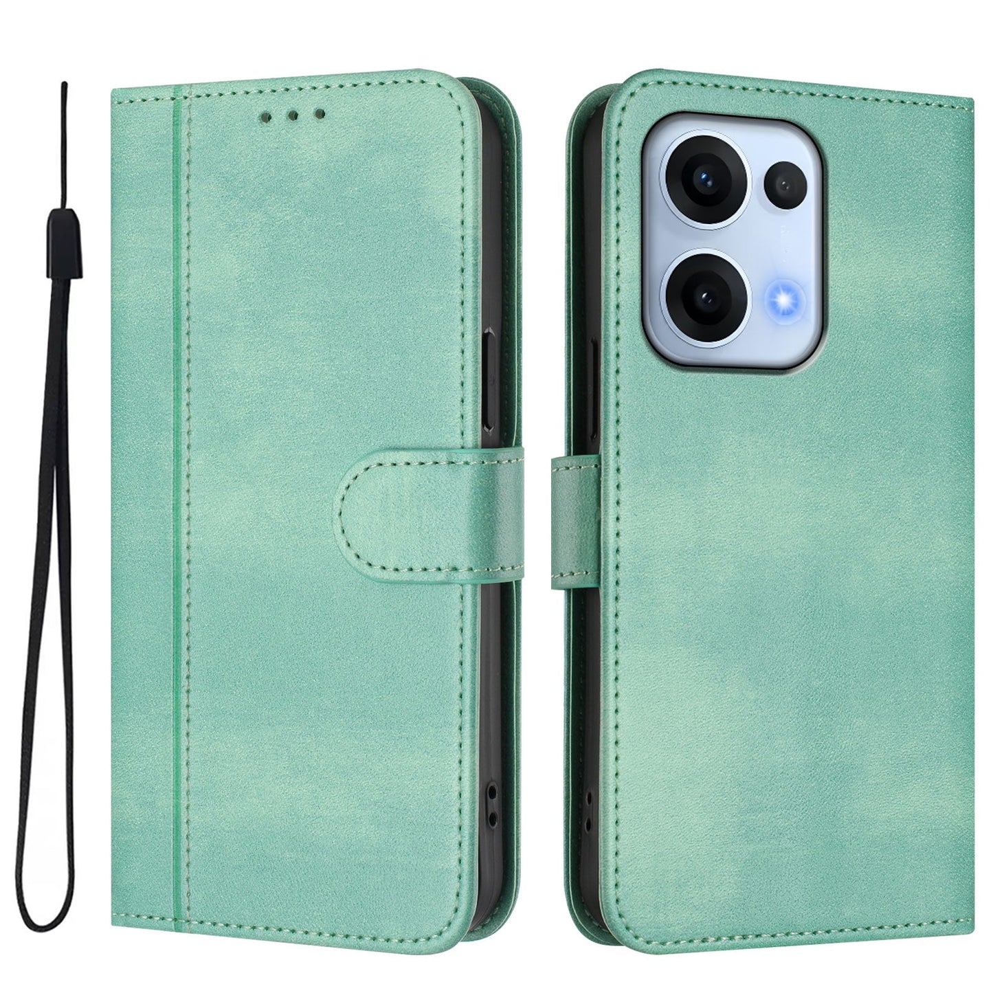For Oppo Reno13 5G (Global) Cases Wallet Stand Retro Texture Leather Phone Cover with Lanyard - Mint Green