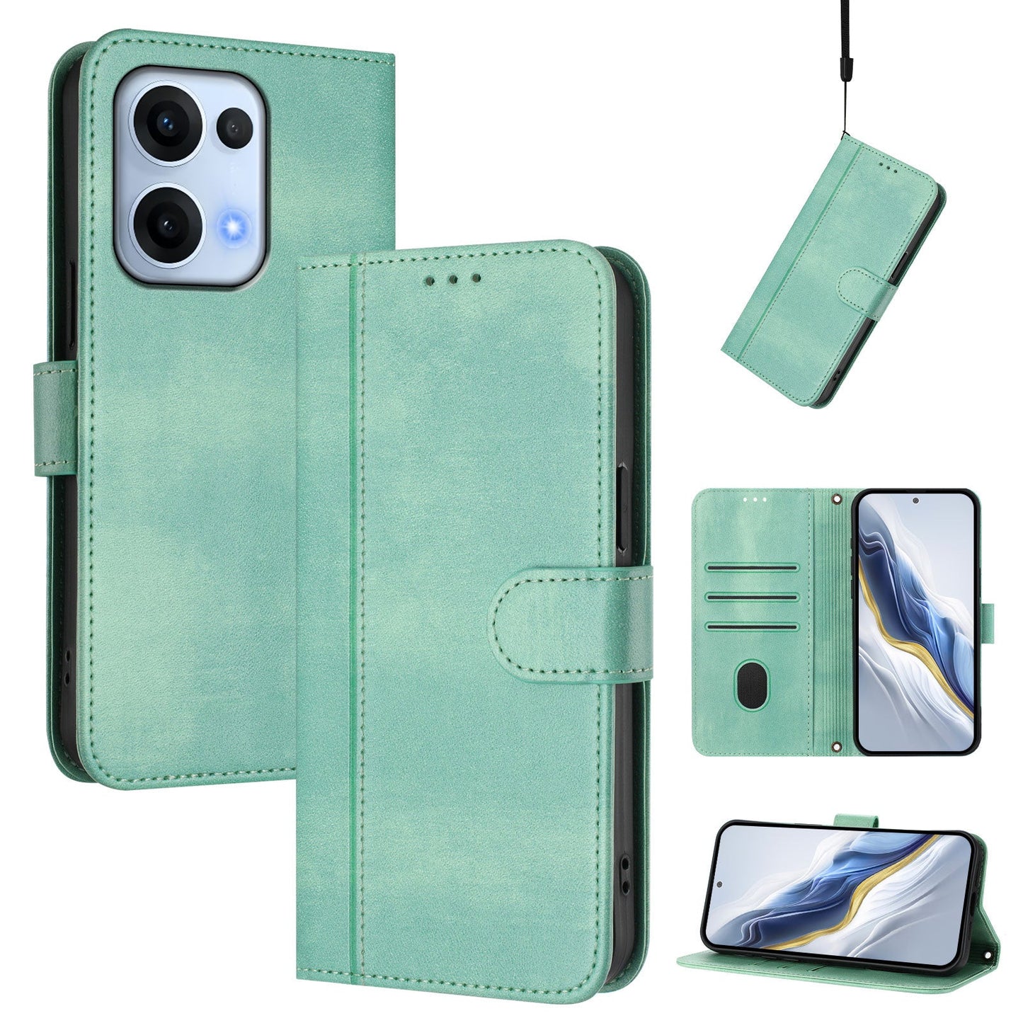 For Oppo Reno13 5G (Global) Cases Wallet Stand Retro Texture Leather Phone Cover with Lanyard - Mint Green