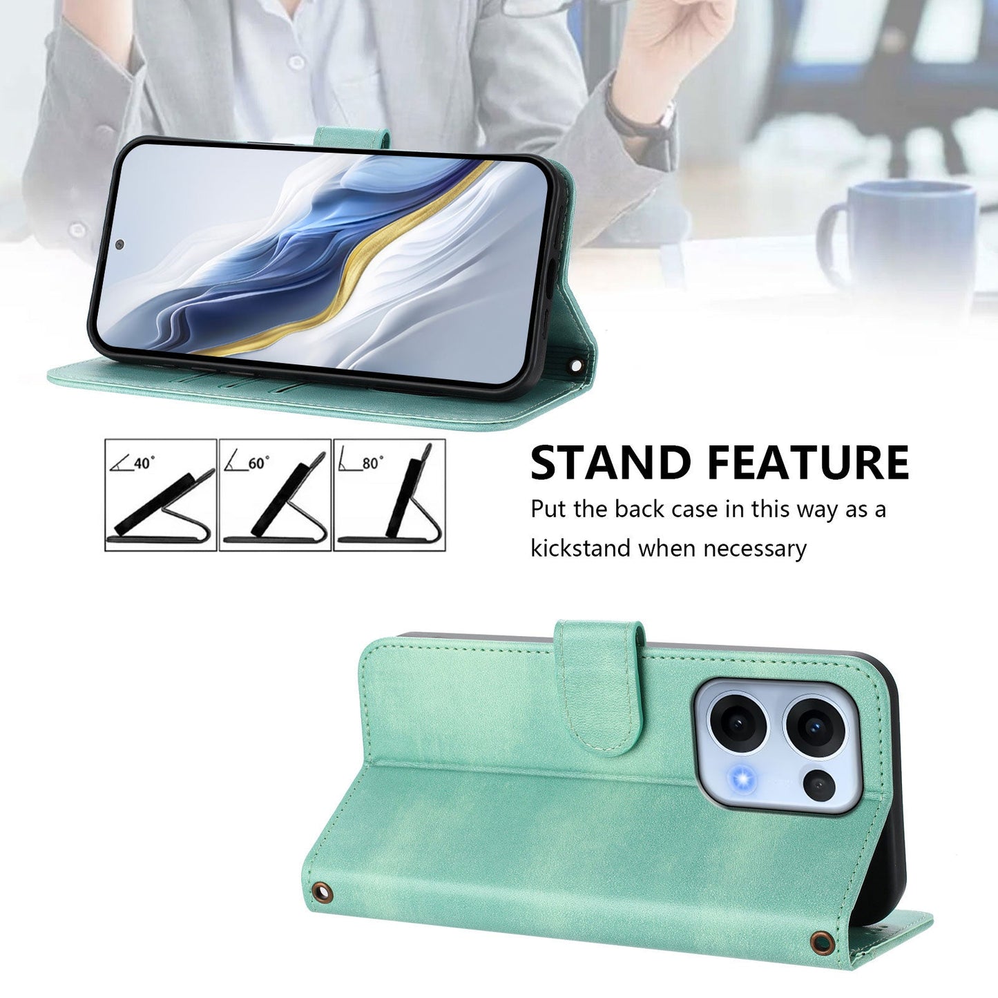 For Oppo Reno13 5G (Global) Cases Wallet Stand Retro Texture Leather Phone Cover with Lanyard - Mint Green