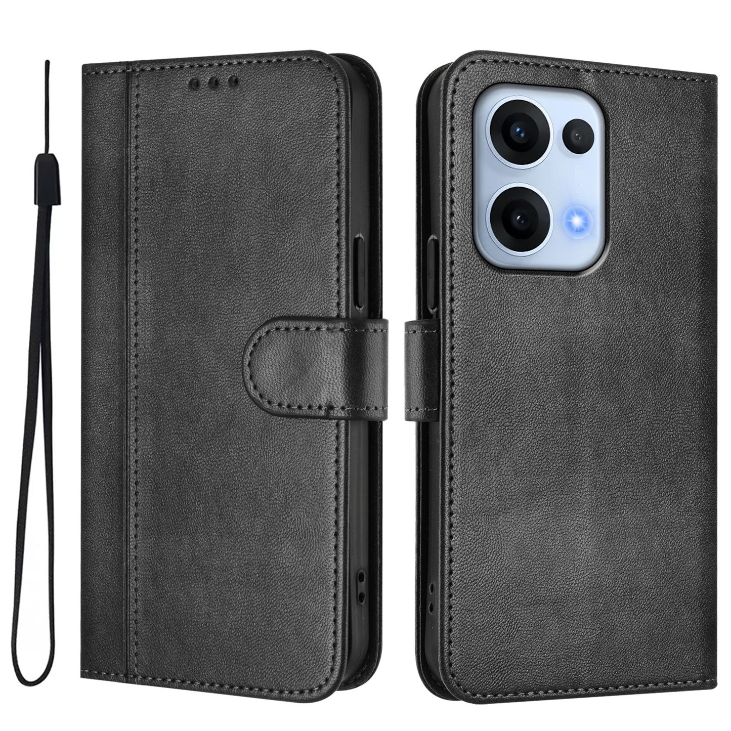 For Oppo Reno13 5G (Global) Cases Wallet Stand Retro Texture Leather Phone Cover with Lanyard - Black