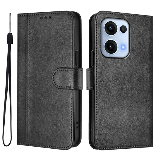 For Oppo Reno13 5G (Global) Cases Wallet Stand Retro Texture Leather Phone Cover with Lanyard - Black