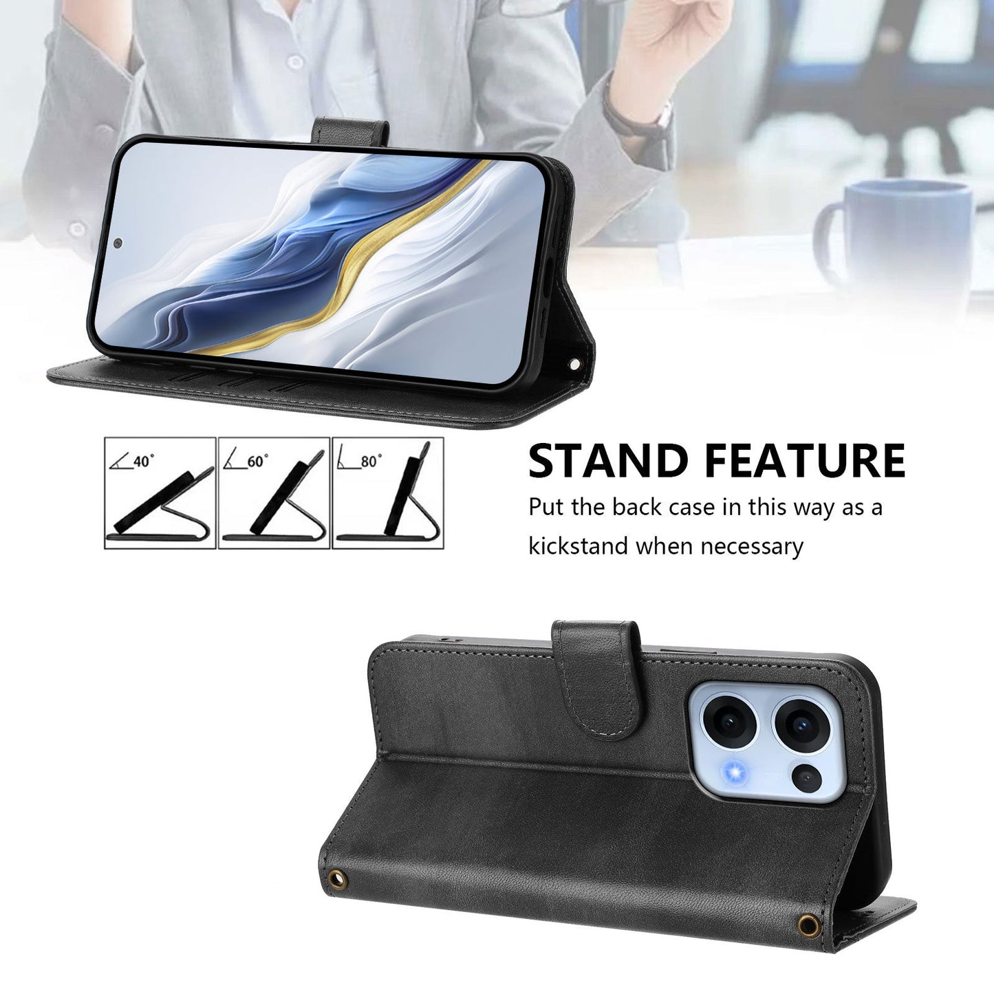 For Oppo Reno13 5G (Global) Cases Wallet Stand Retro Texture Leather Phone Cover with Lanyard - Black