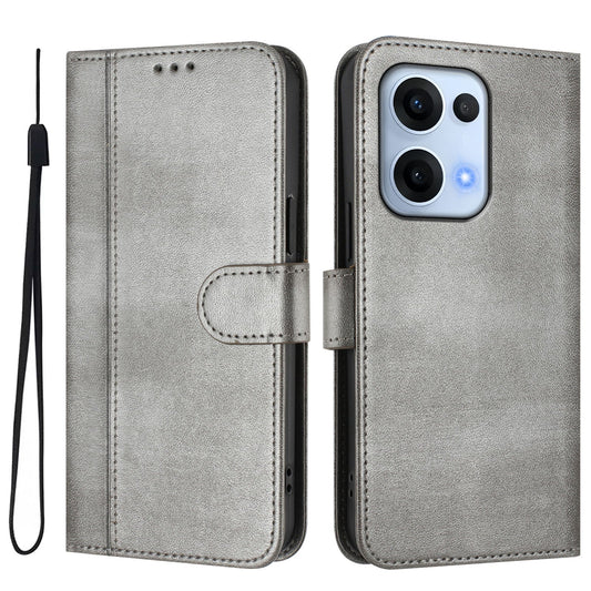For Oppo Reno13 5G (Global) Cases Wallet Stand Retro Texture Leather Phone Cover with Lanyard - Grey