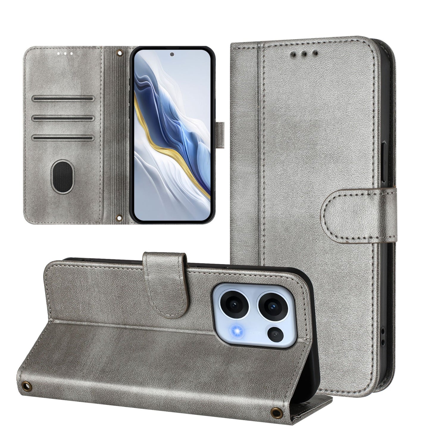For Oppo Reno13 5G (Global) Cases Wallet Stand Retro Texture Leather Phone Cover with Lanyard - Grey