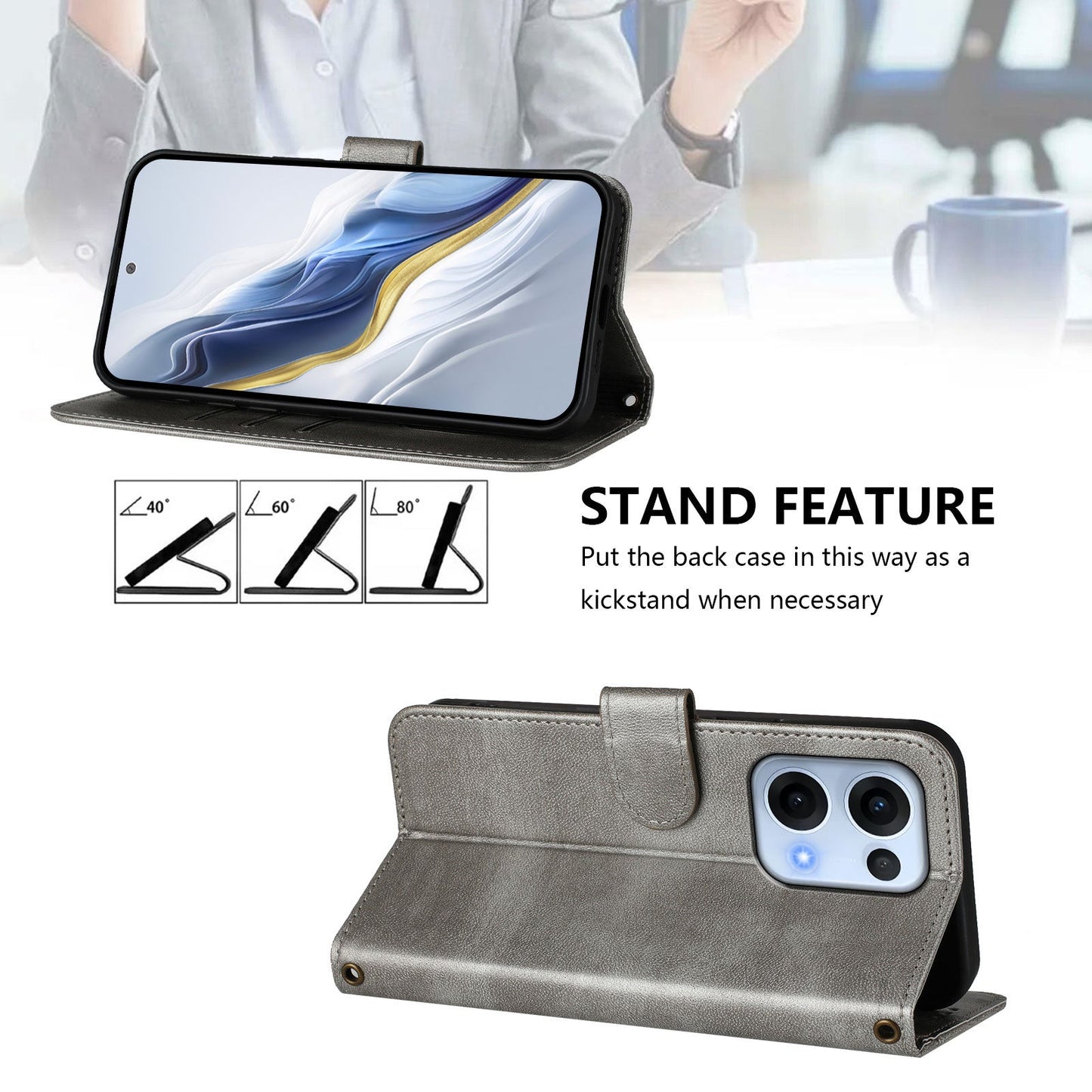For Oppo Reno13 5G (Global) Cases Wallet Stand Retro Texture Leather Phone Cover with Lanyard - Grey