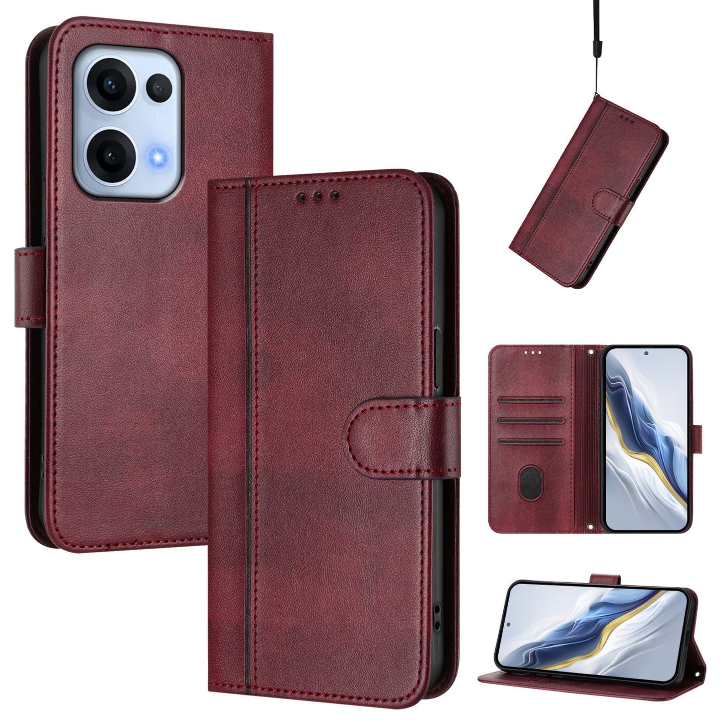 For Oppo Reno13 5G (Global) Cases Wallet Stand Retro Texture Leather Phone Cover with Lanyard - Wine Red