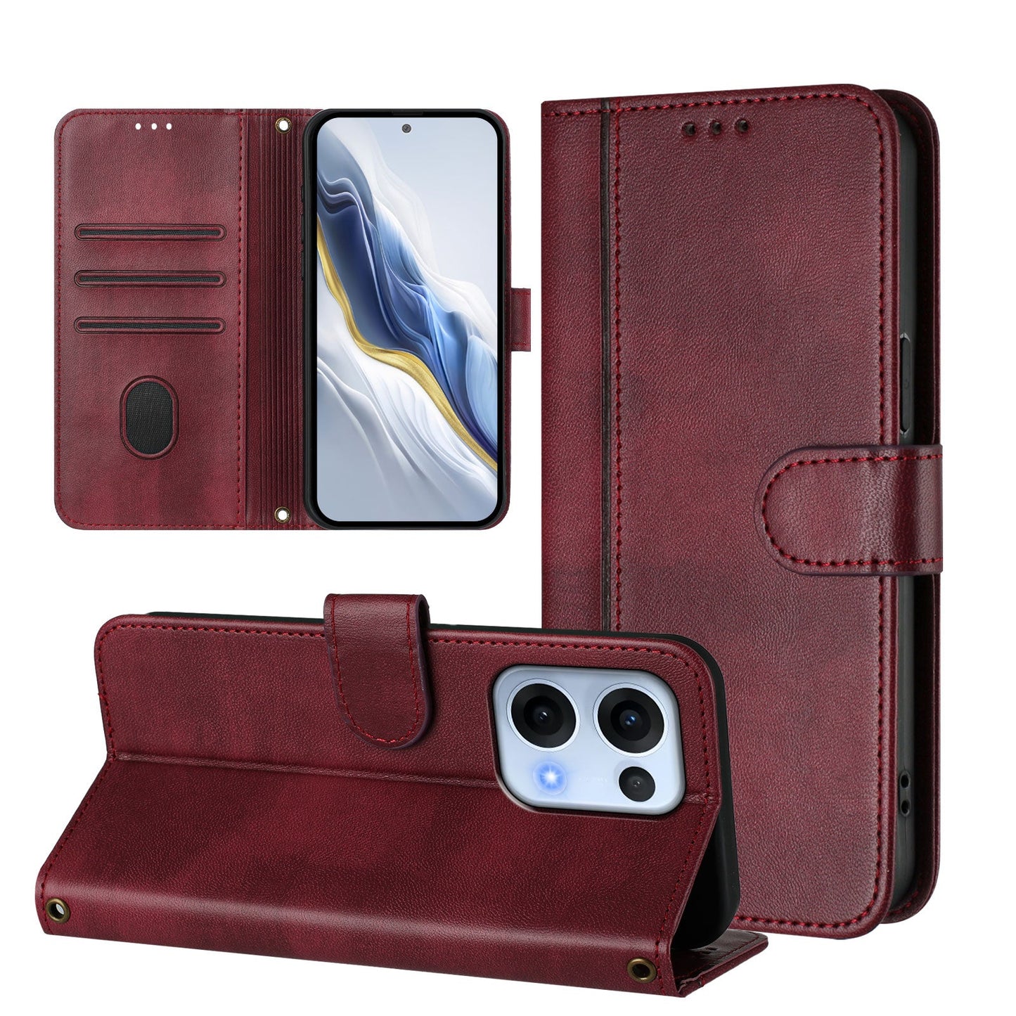 For Oppo Reno13 5G (Global) Cases Wallet Stand Retro Texture Leather Phone Cover with Lanyard - Wine Red