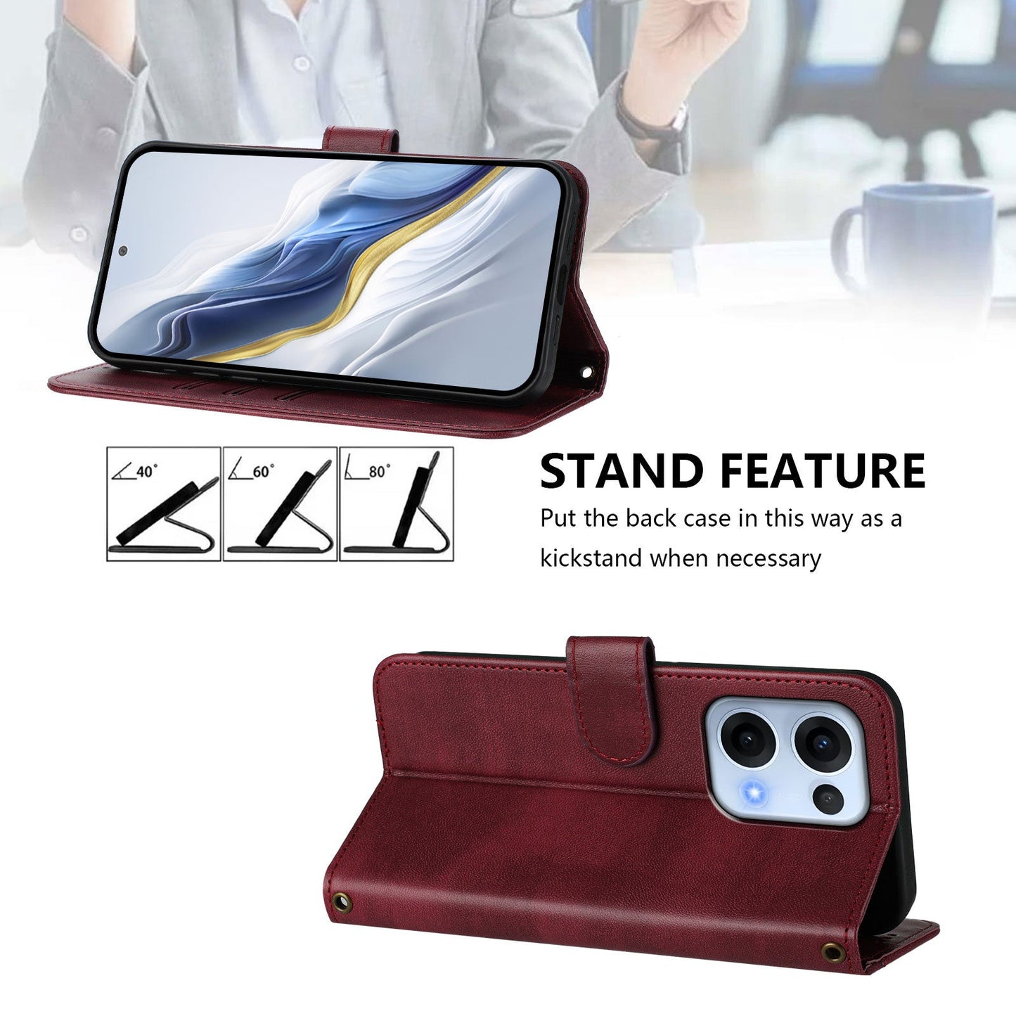 For Oppo Reno13 5G (Global) Cases Wallet Stand Retro Texture Leather Phone Cover with Lanyard - Wine Red