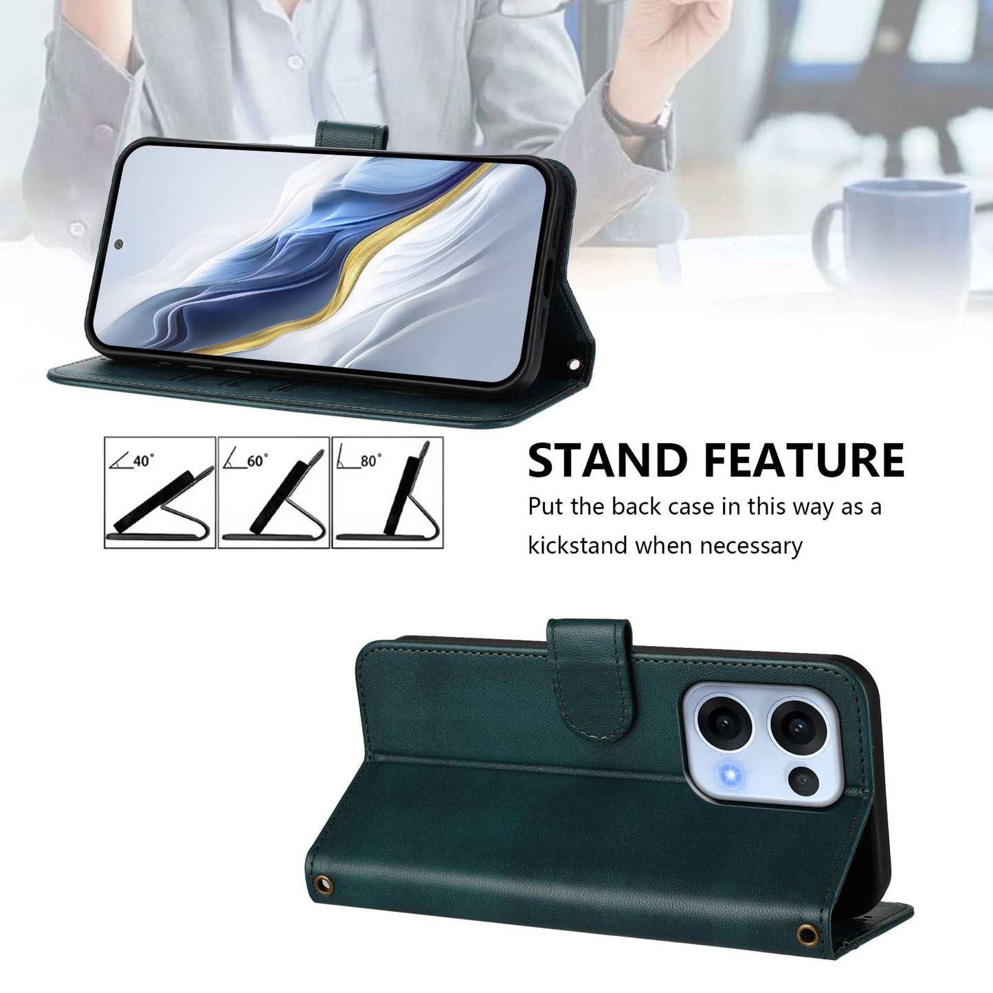 For Oppo Reno13 5G (Global) Cases Wallet Stand Retro Texture Leather Phone Cover with Lanyard - Dark Green