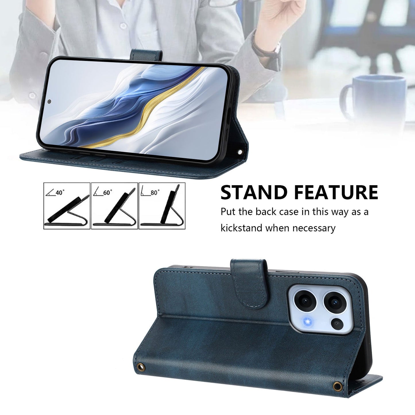 For Oppo Reno13 5G (Global) Cases Wallet Stand Retro Texture Leather Phone Cover with Lanyard - Blue