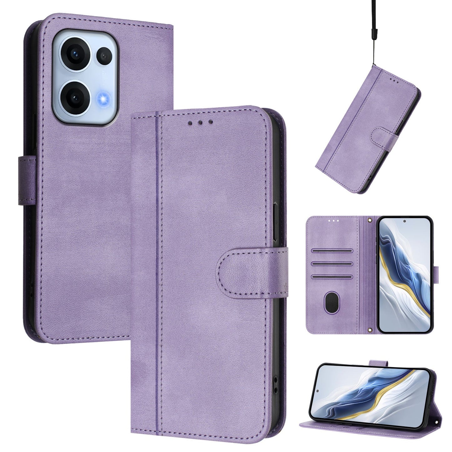For Oppo Reno13 5G (Global) Cases Wallet Stand Retro Texture Leather Phone Cover with Lanyard - Light Purple