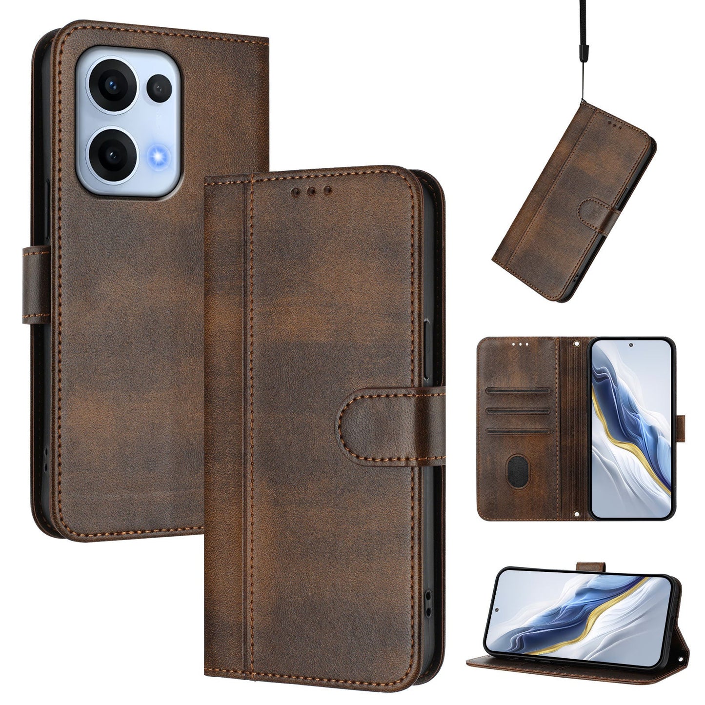 For Oppo Reno13 5G (Global) Cases Wallet Stand Retro Texture Leather Phone Cover with Lanyard - Brown