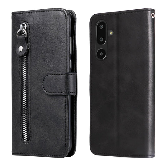 For Samsung Galaxy F16 5G / Galaxy M16 5G PU Leather Cases with Zipper Pocket Wallet Phone Cover Stand - Black