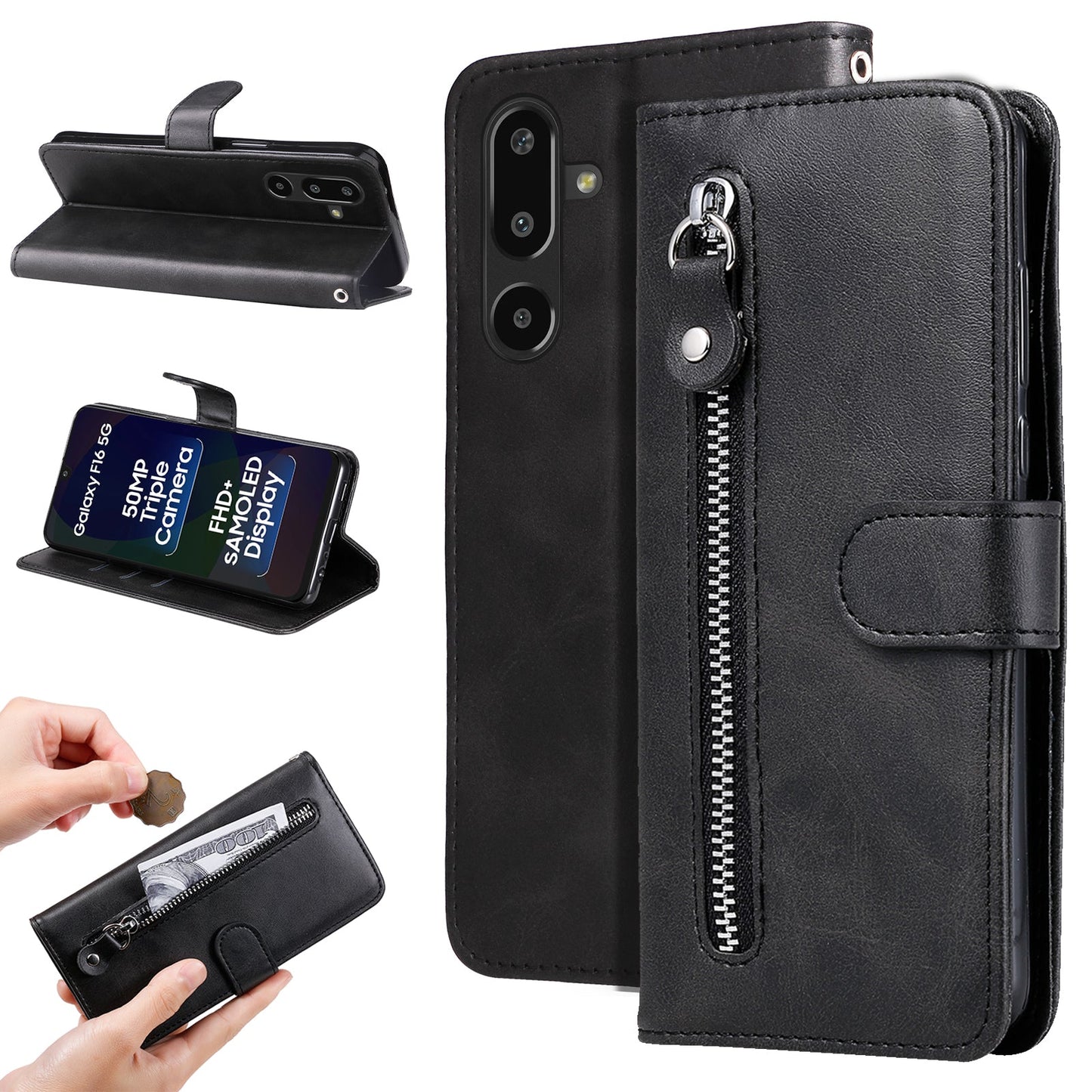 For Samsung Galaxy F16 5G / Galaxy M16 5G PU Leather Cases with Zipper Pocket Wallet Phone Cover Stand - Black