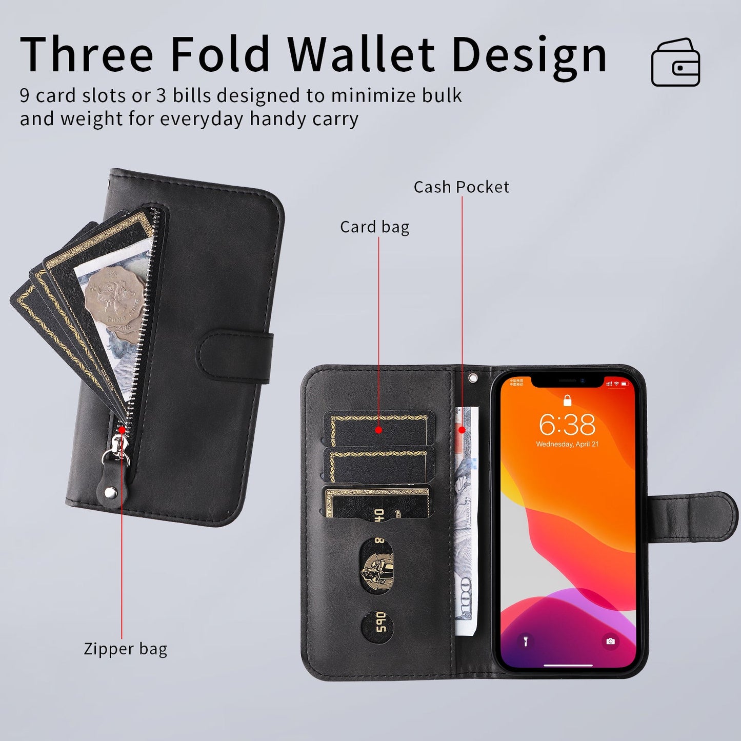 For Samsung Galaxy F16 5G / Galaxy M16 5G PU Leather Cases with Zipper Pocket Wallet Phone Cover Stand - Black