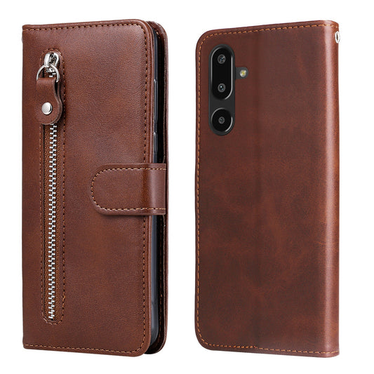 For Samsung Galaxy F16 5G / Galaxy M16 5G PU Leather Cases with Zipper Pocket Wallet Phone Cover Stand - Brown