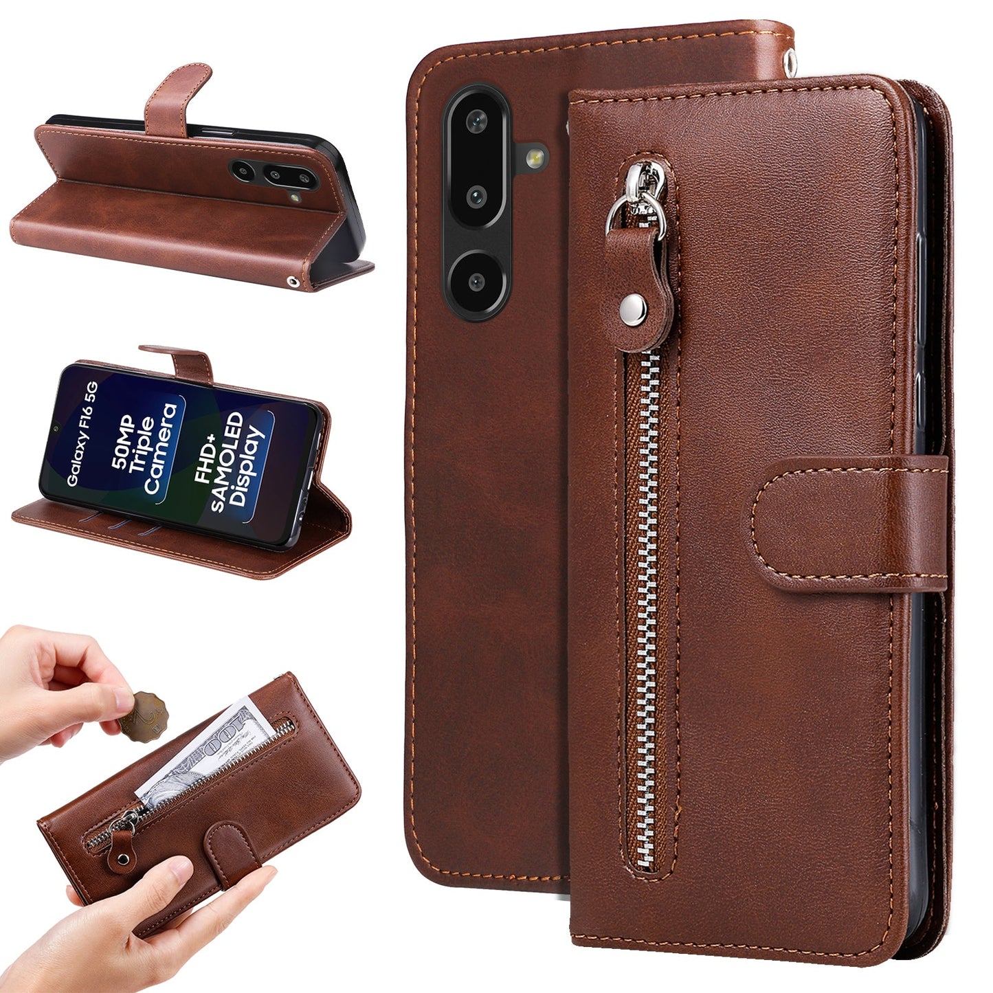 For Samsung Galaxy F16 5G / Galaxy M16 5G PU Leather Cases with Zipper Pocket Wallet Phone Cover Stand - Brown