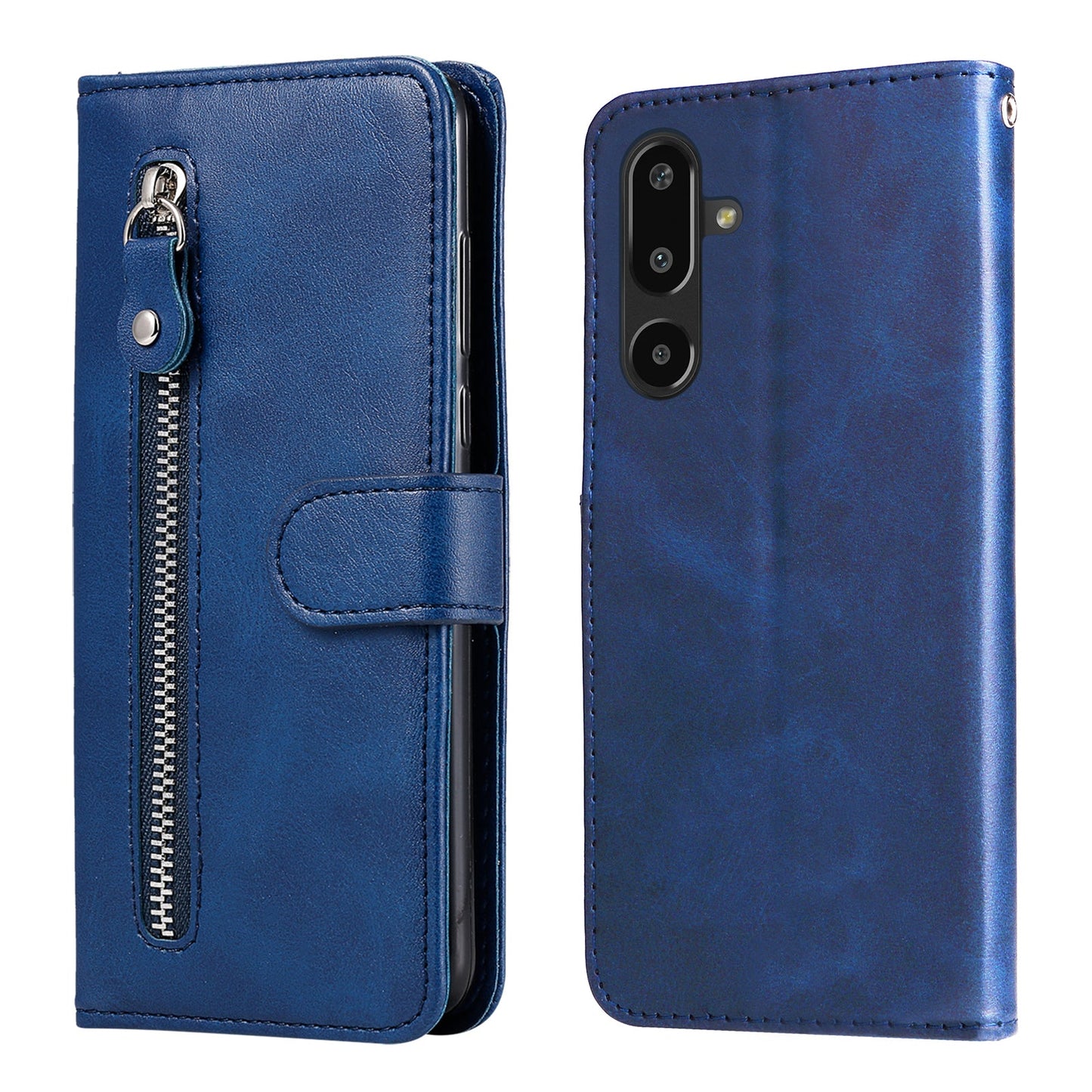 For Samsung Galaxy F16 5G / Galaxy M16 5G PU Leather Cases with Zipper Pocket Wallet Phone Cover Stand - Blue