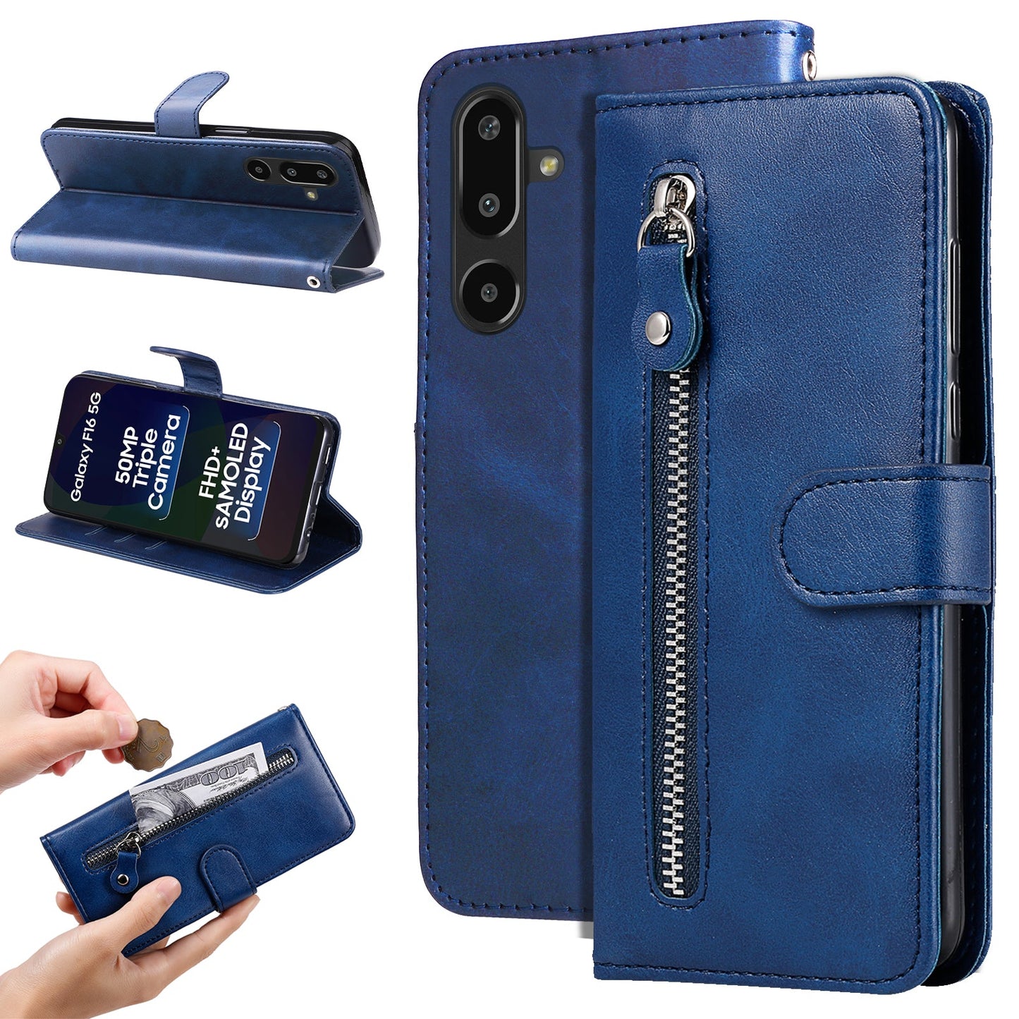 For Samsung Galaxy F16 5G / Galaxy M16 5G PU Leather Cases with Zipper Pocket Wallet Phone Cover Stand - Blue