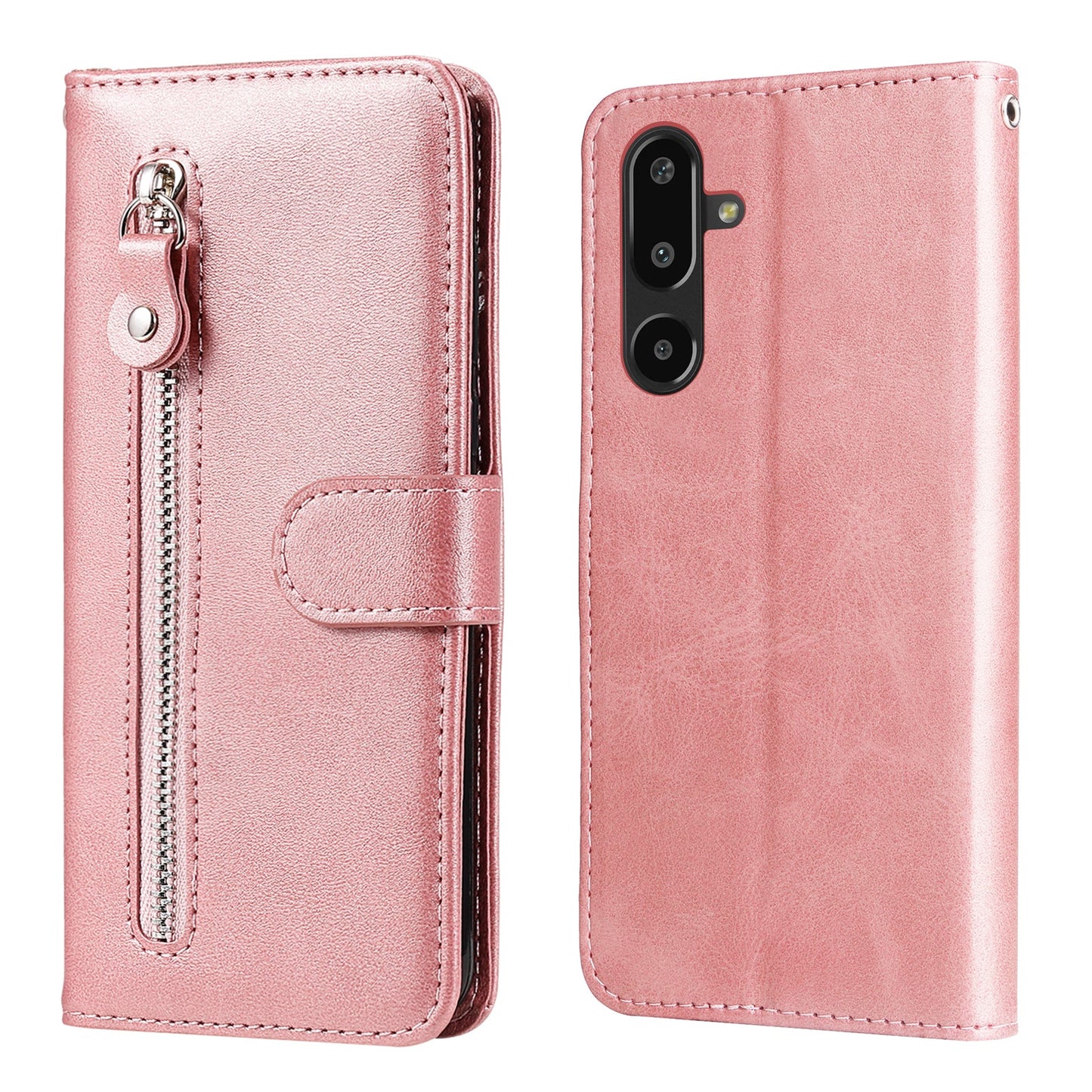 For Samsung Galaxy F16 5G / Galaxy M16 5G PU Leather Cases with Zipper Pocket Wallet Phone Cover Stand - Pink